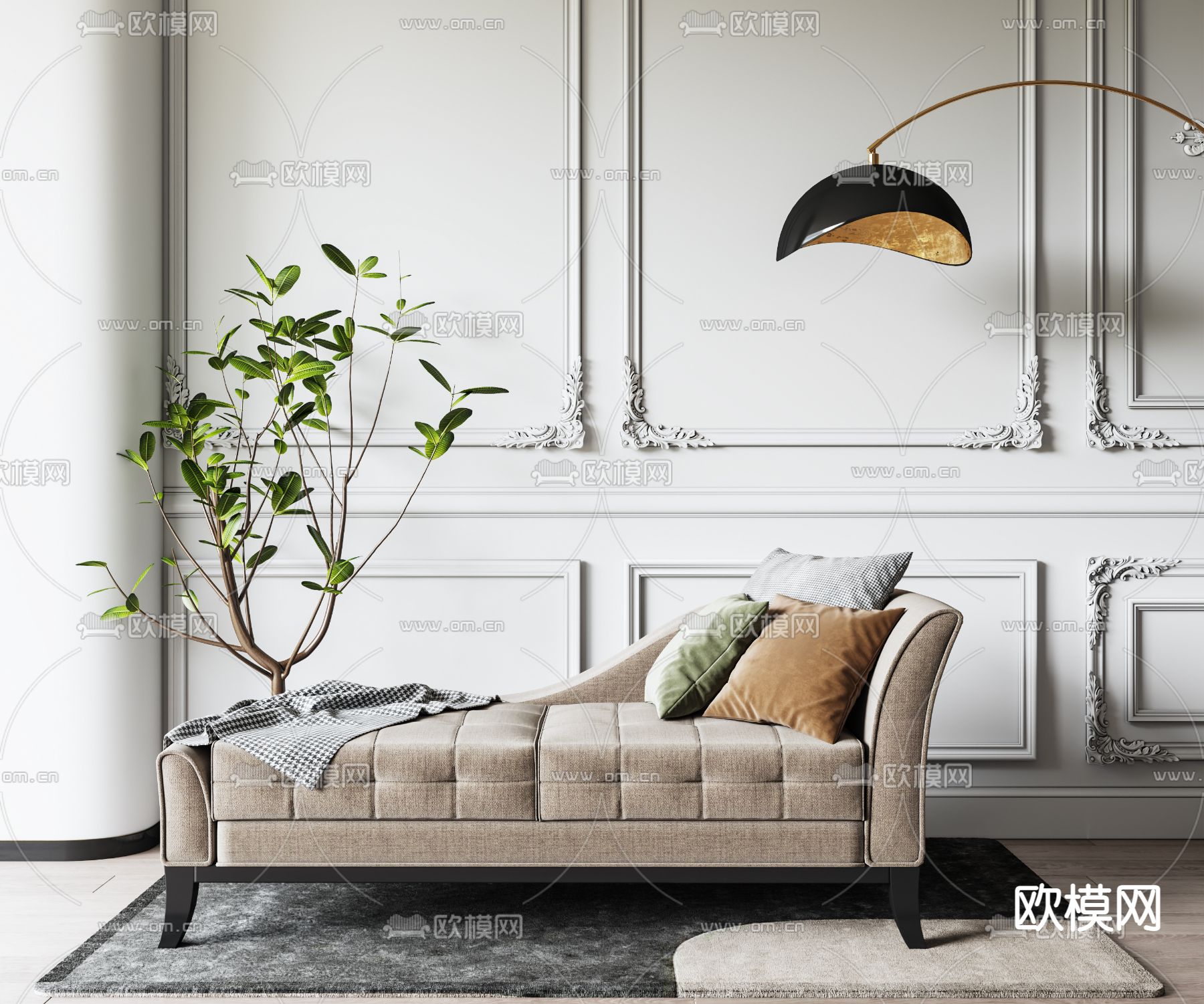 RH 简欧布艺贵妃椅3d模型下载