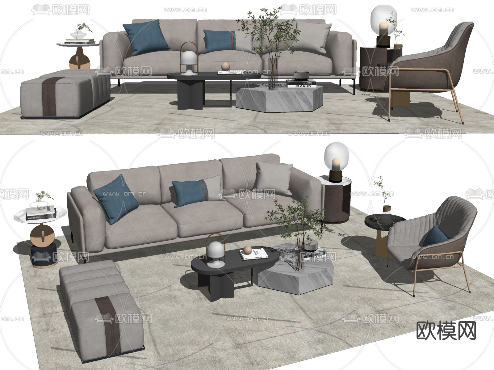 现代布艺沙发组合su模型下载（渲染图2）