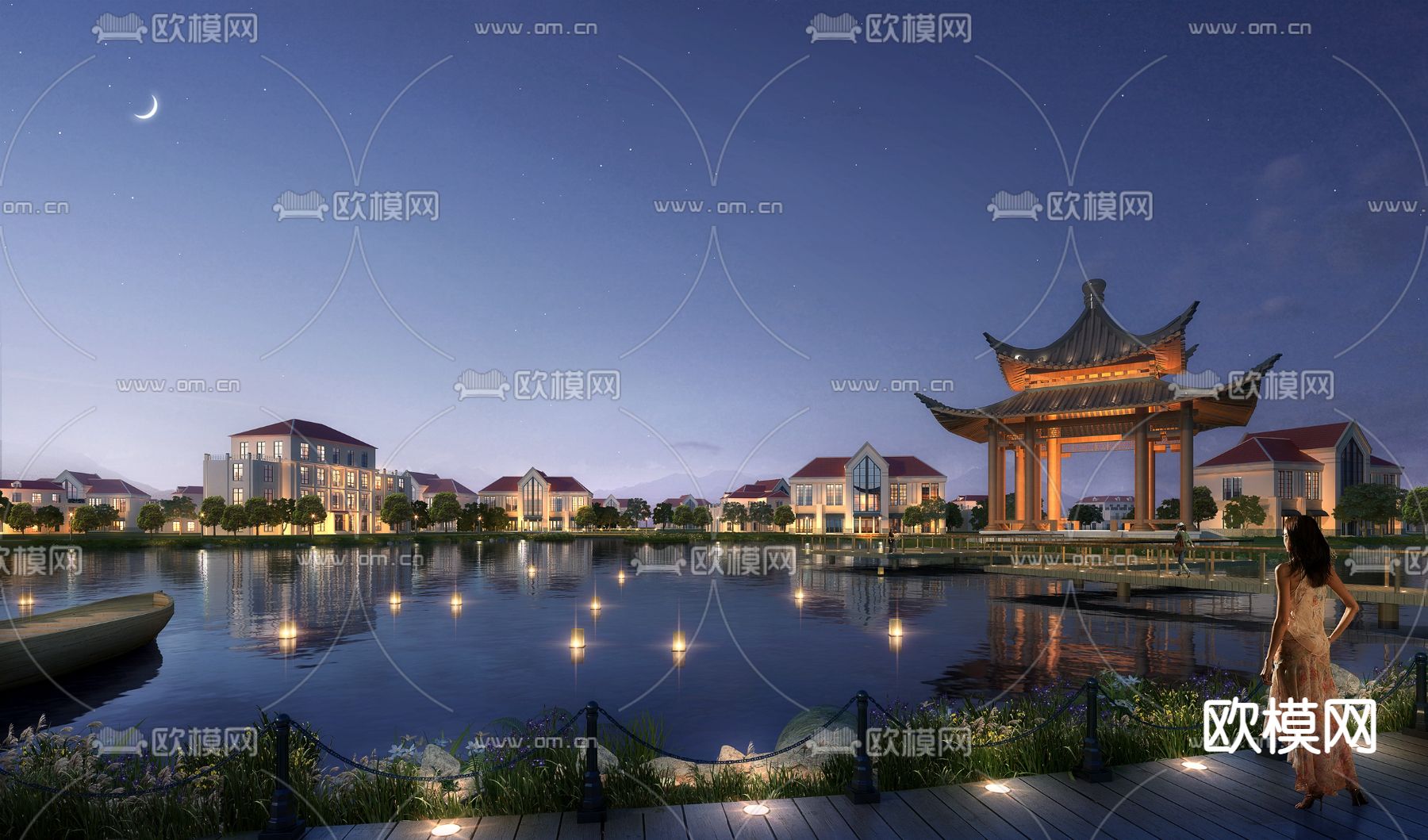 新中式湖畔凉亭景观夜景3d模型下载