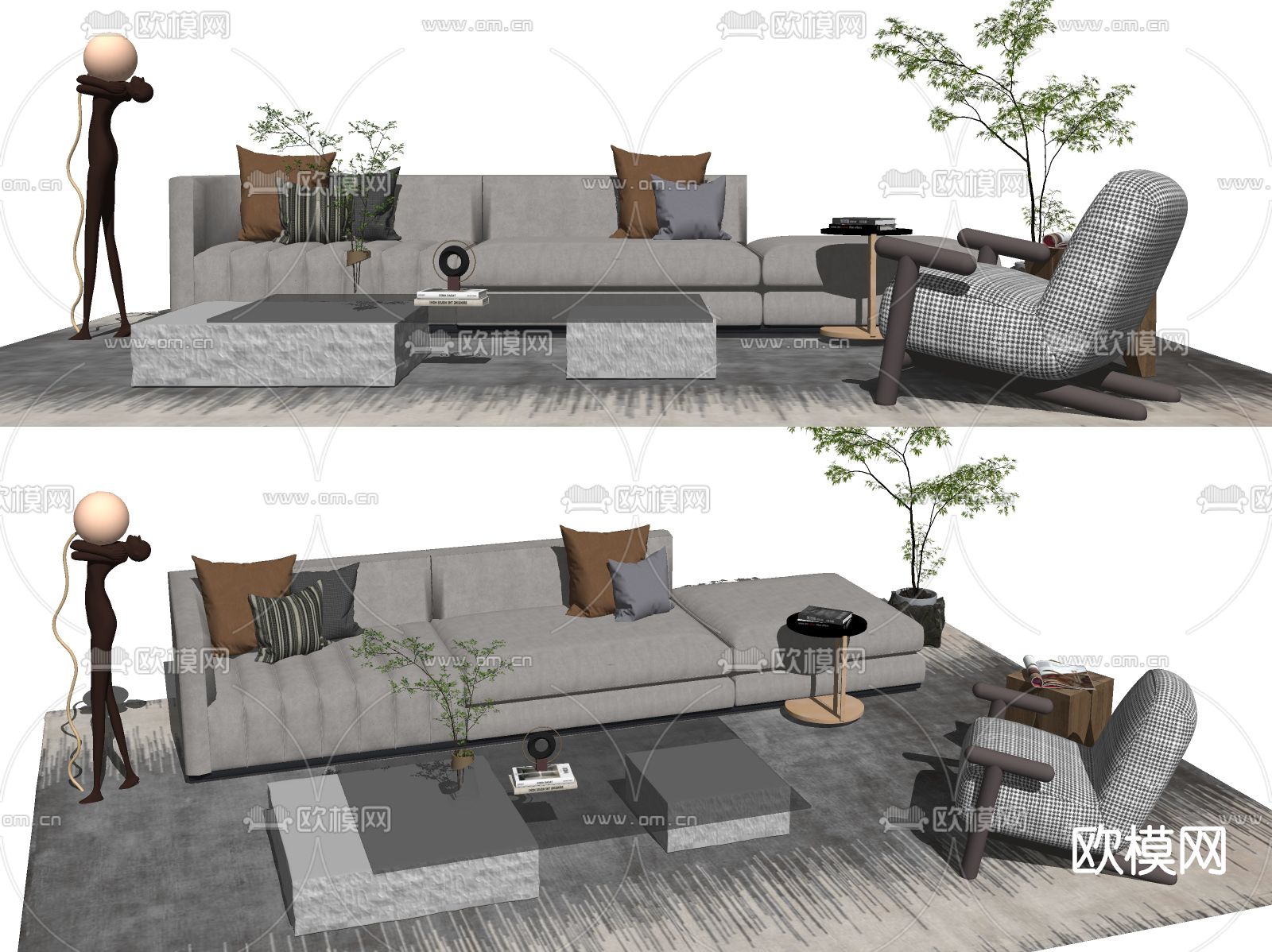 现代布艺沙发组合su模型下载（渲染图2）