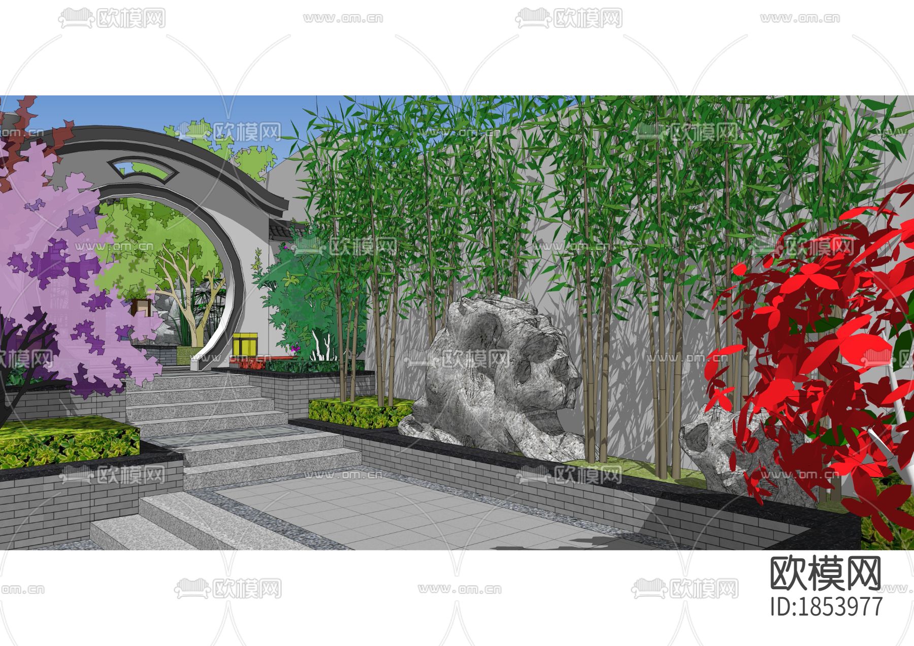 中式别墅庭院景观CAD施工图下载（渲染图4）