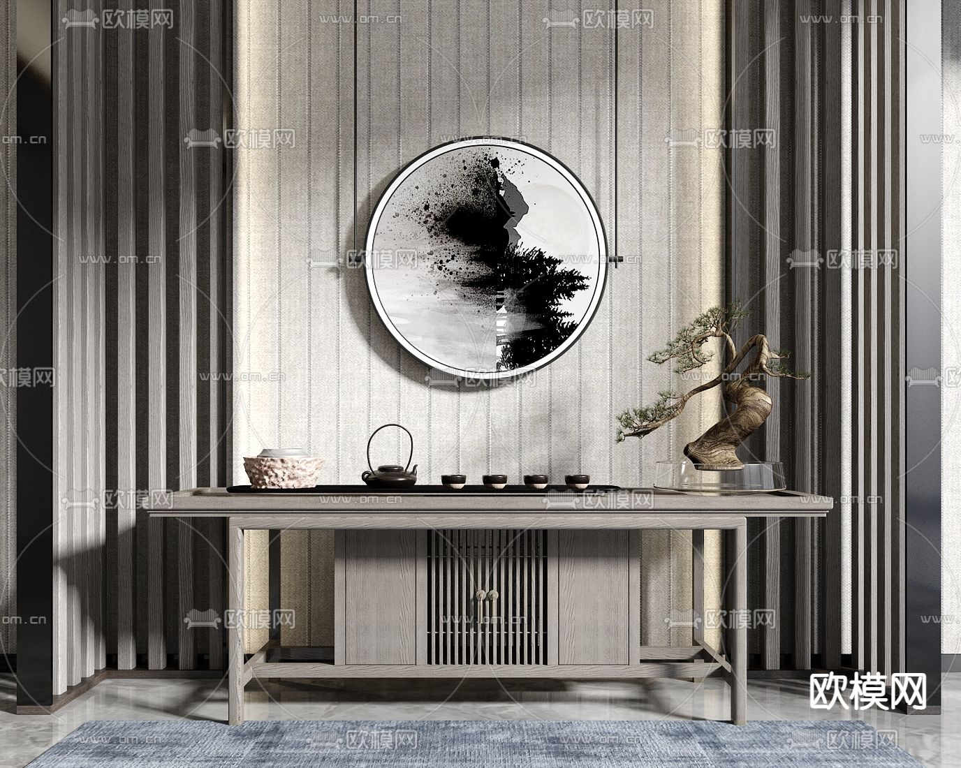 新中式端景条案su模型下载