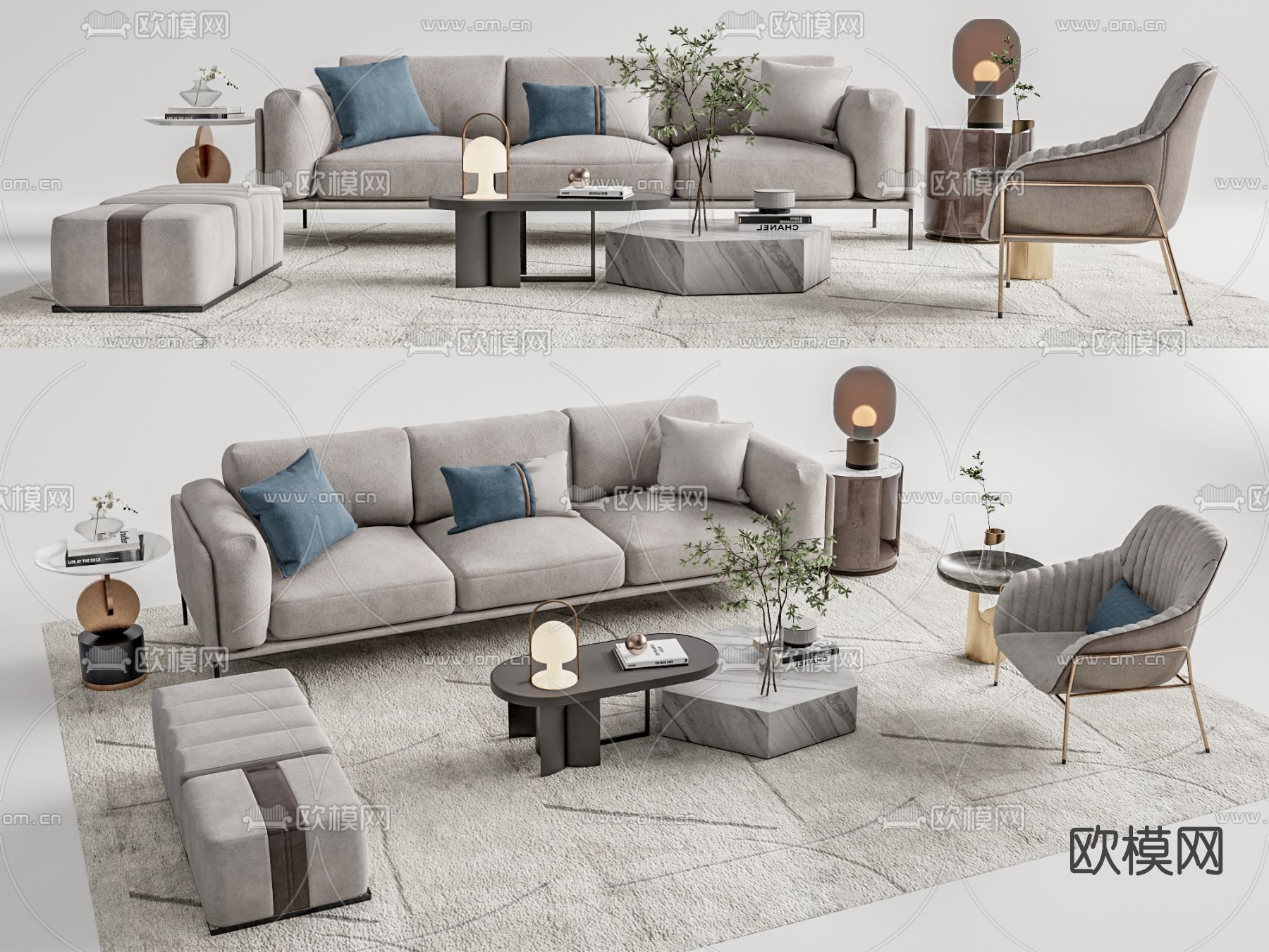 现代布艺沙发组合su模型下载（渲染图1）
