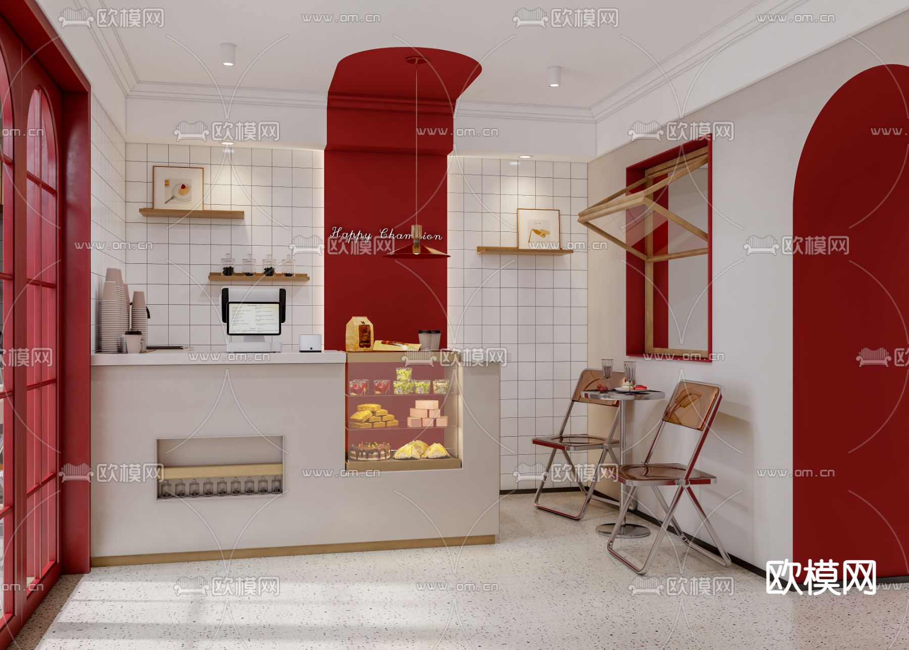 现代网红蛋糕店咖啡厅免费3d模型下载（渲染图1）