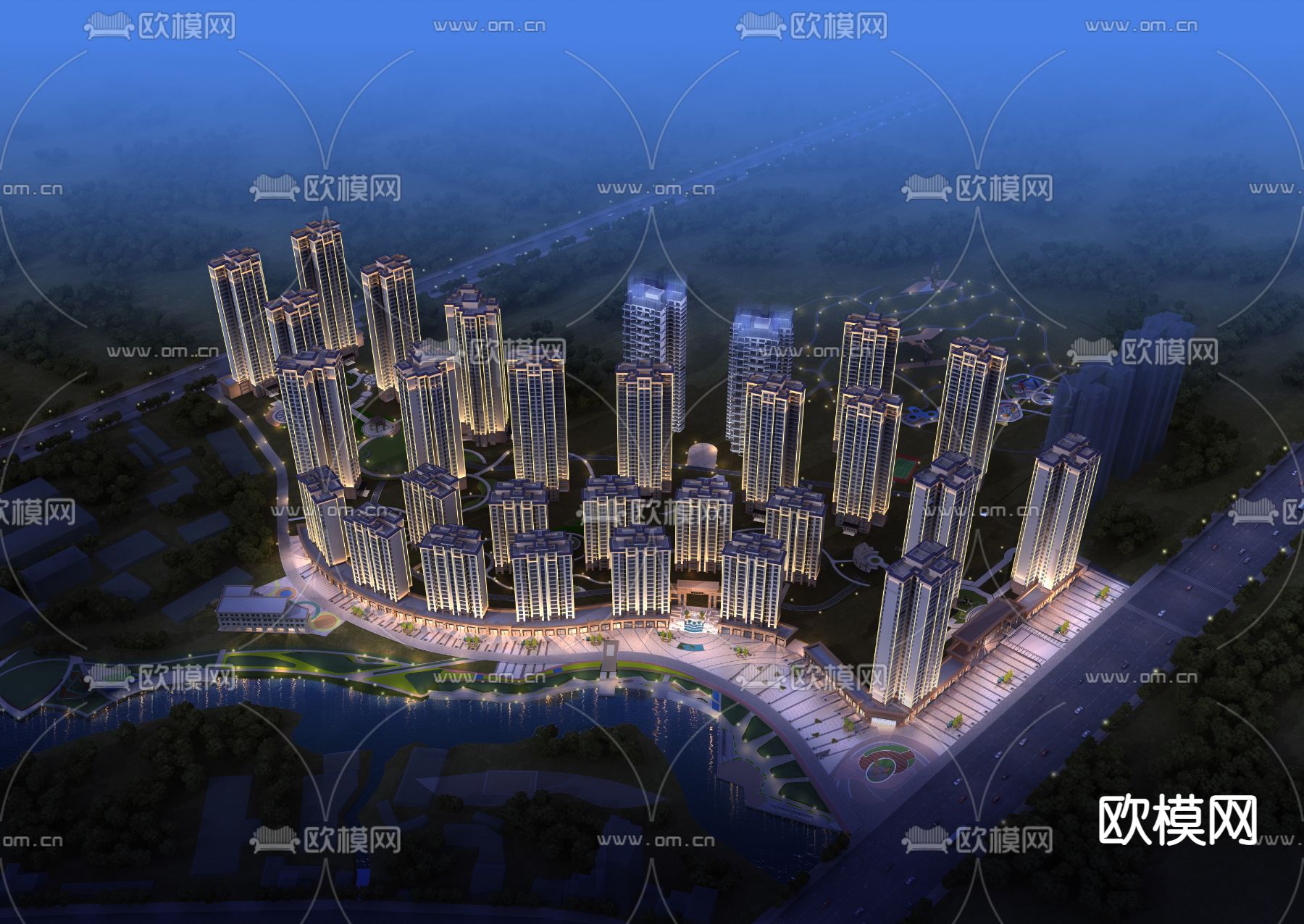 现代高层住宅楼鸟瞰夜景3d模型