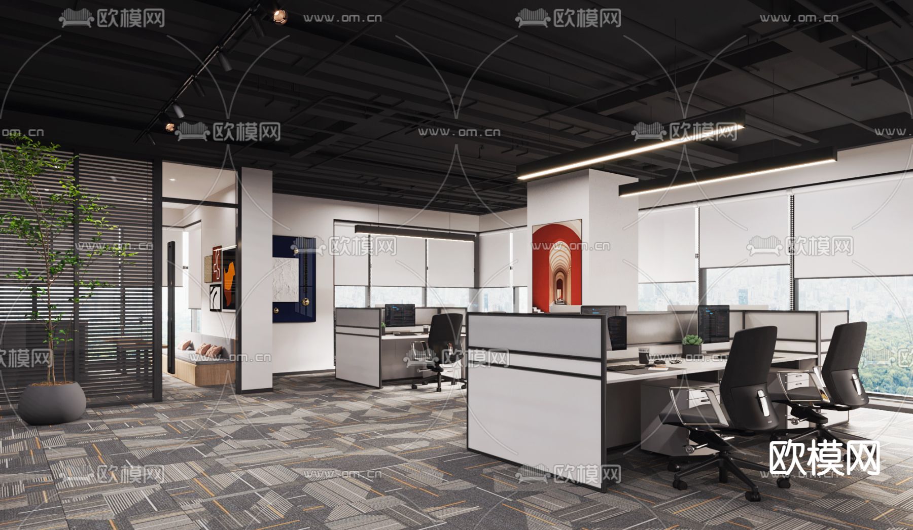 现代敞开式办公室3d模型