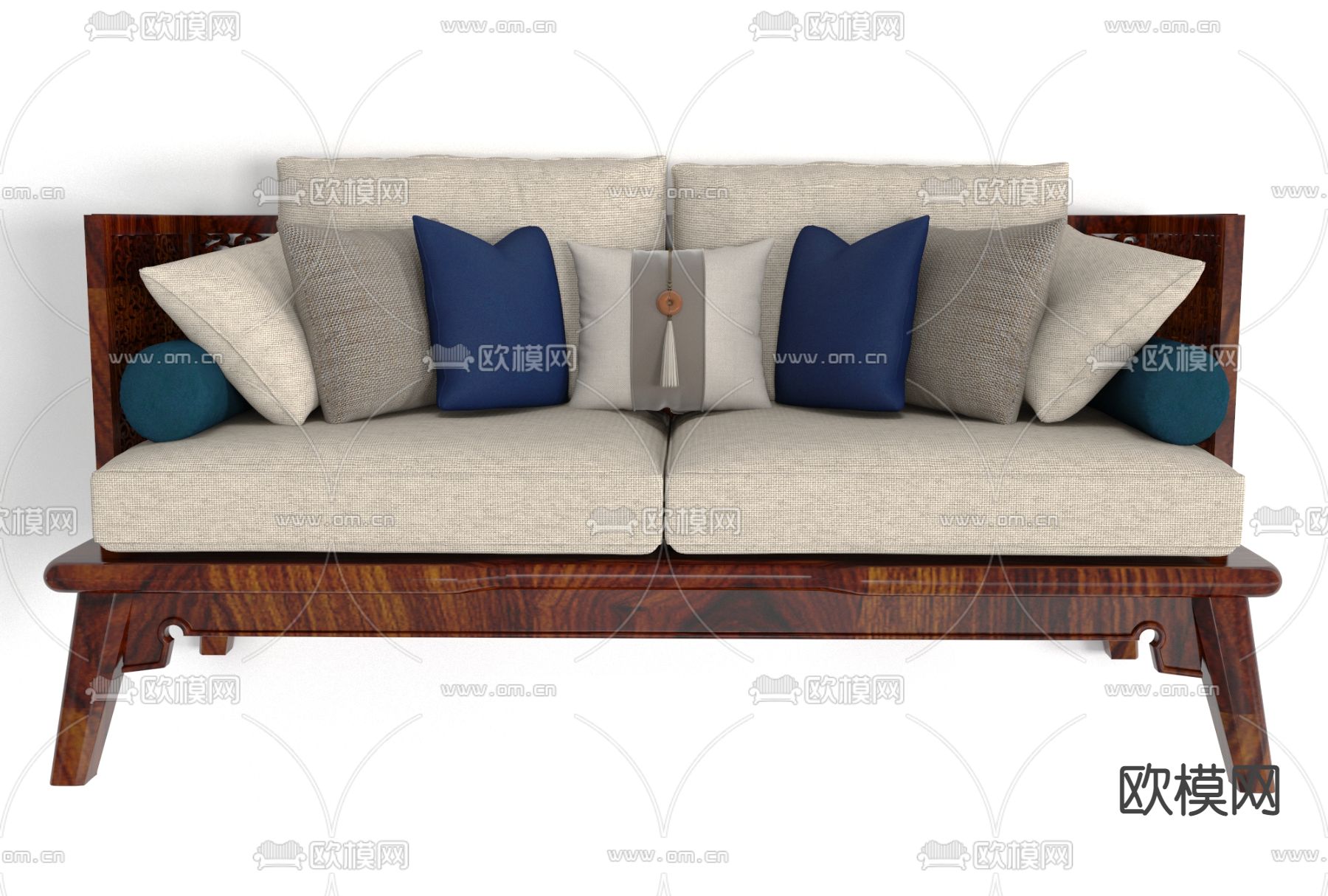 新中式布艺双人沙发免费3d模型下载