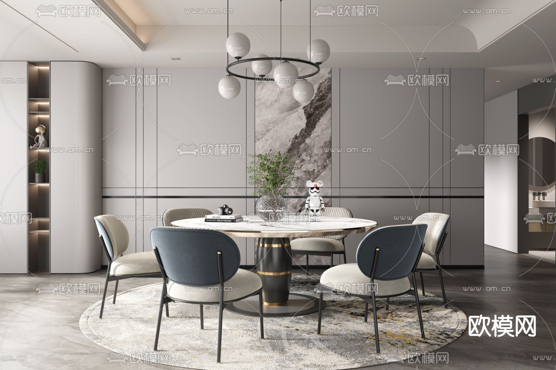 现代大理石圆形餐桌椅3d模型下载