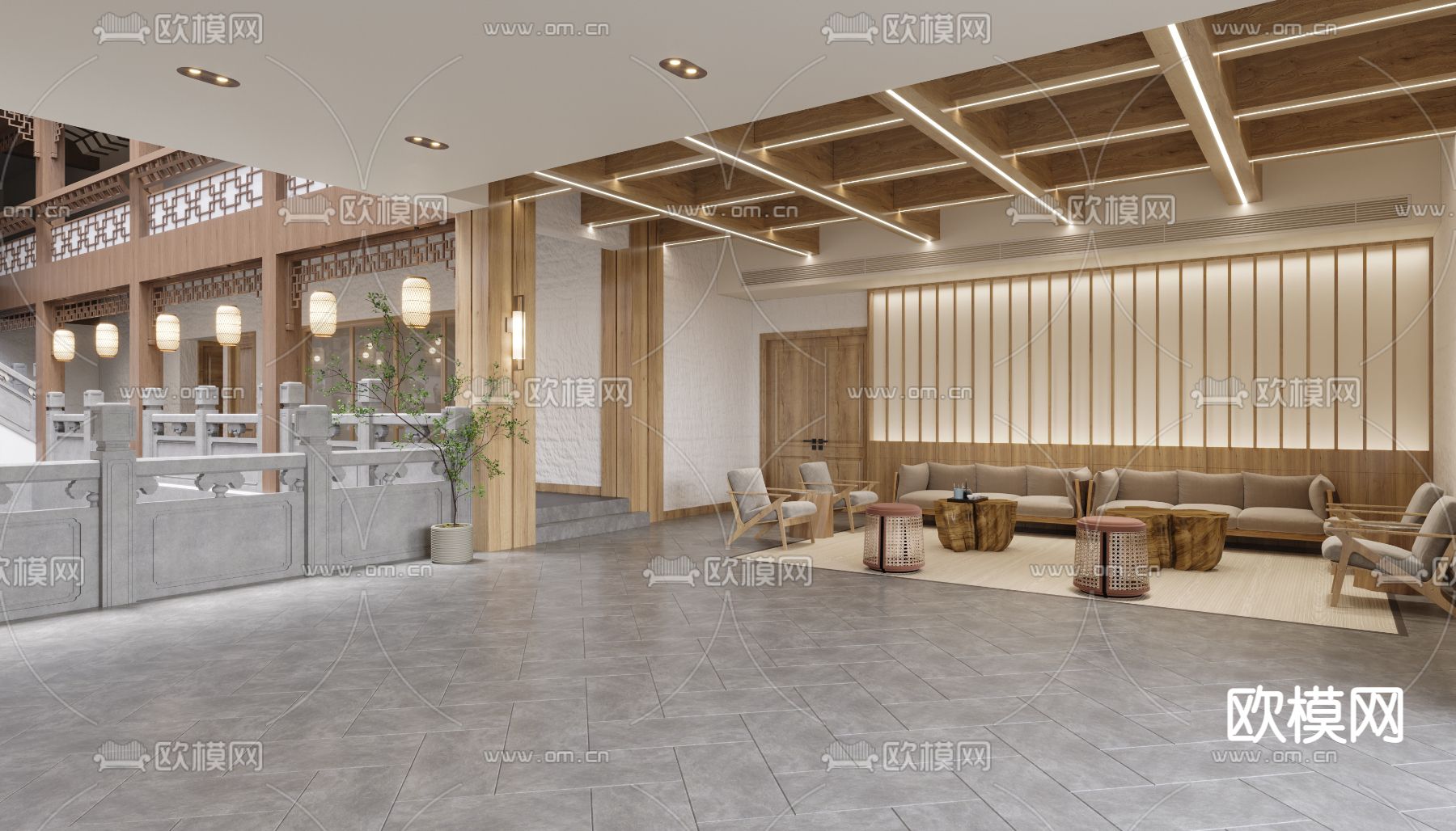 新中式民宿会所大厅3d模型下载（渲染图2）