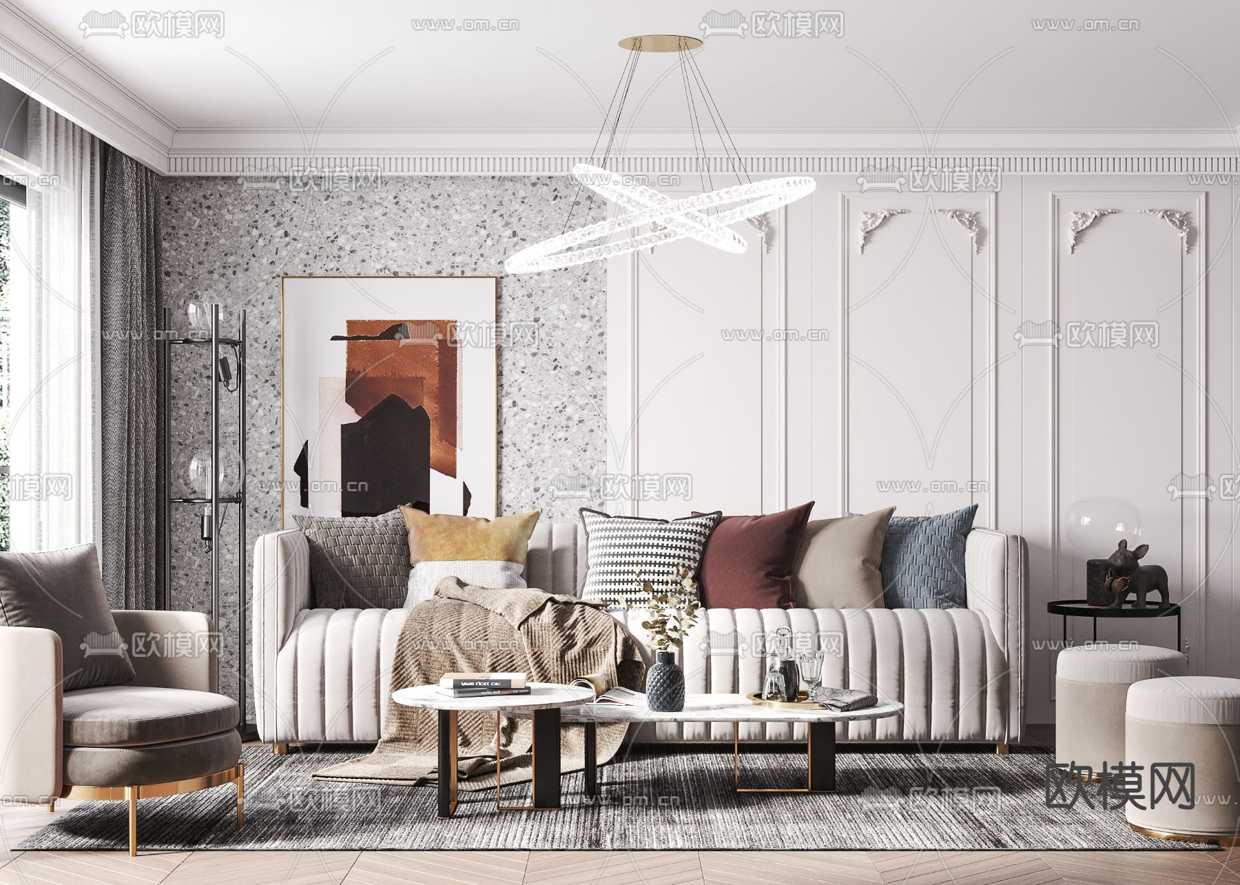 简欧布艺沙发组合3d模型下载