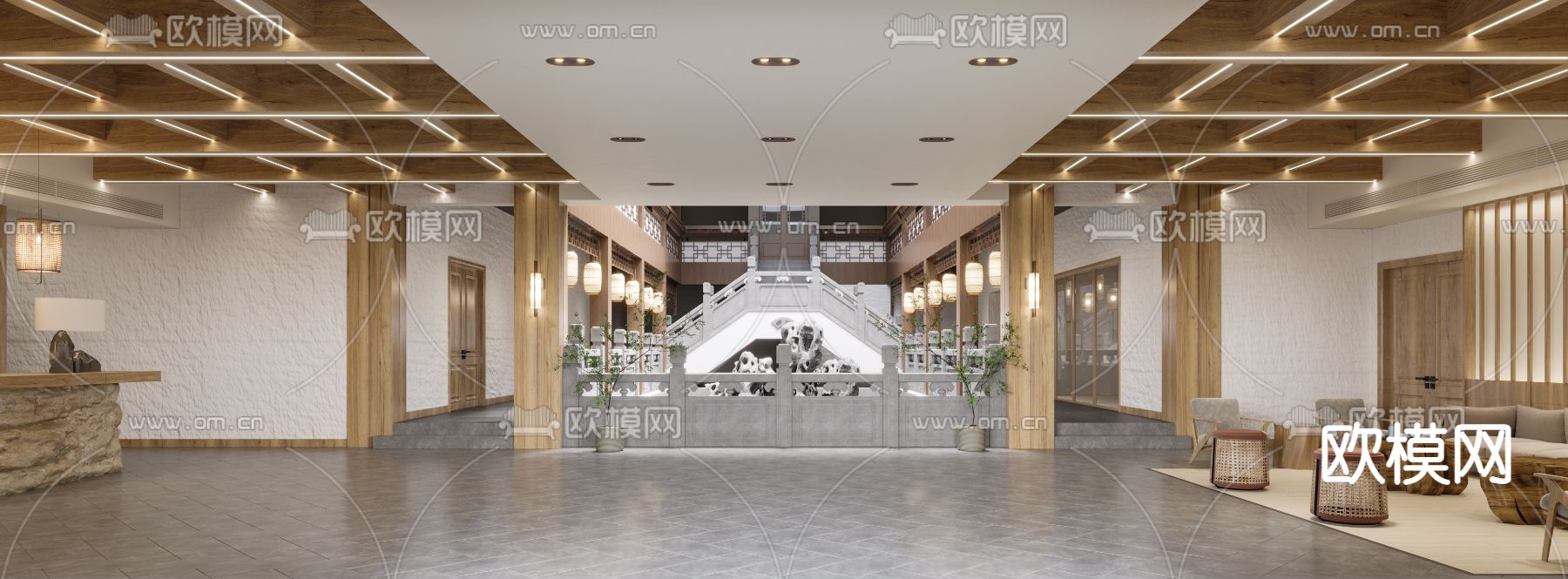 新中式民宿会所大厅3d模型下载（渲染图1）