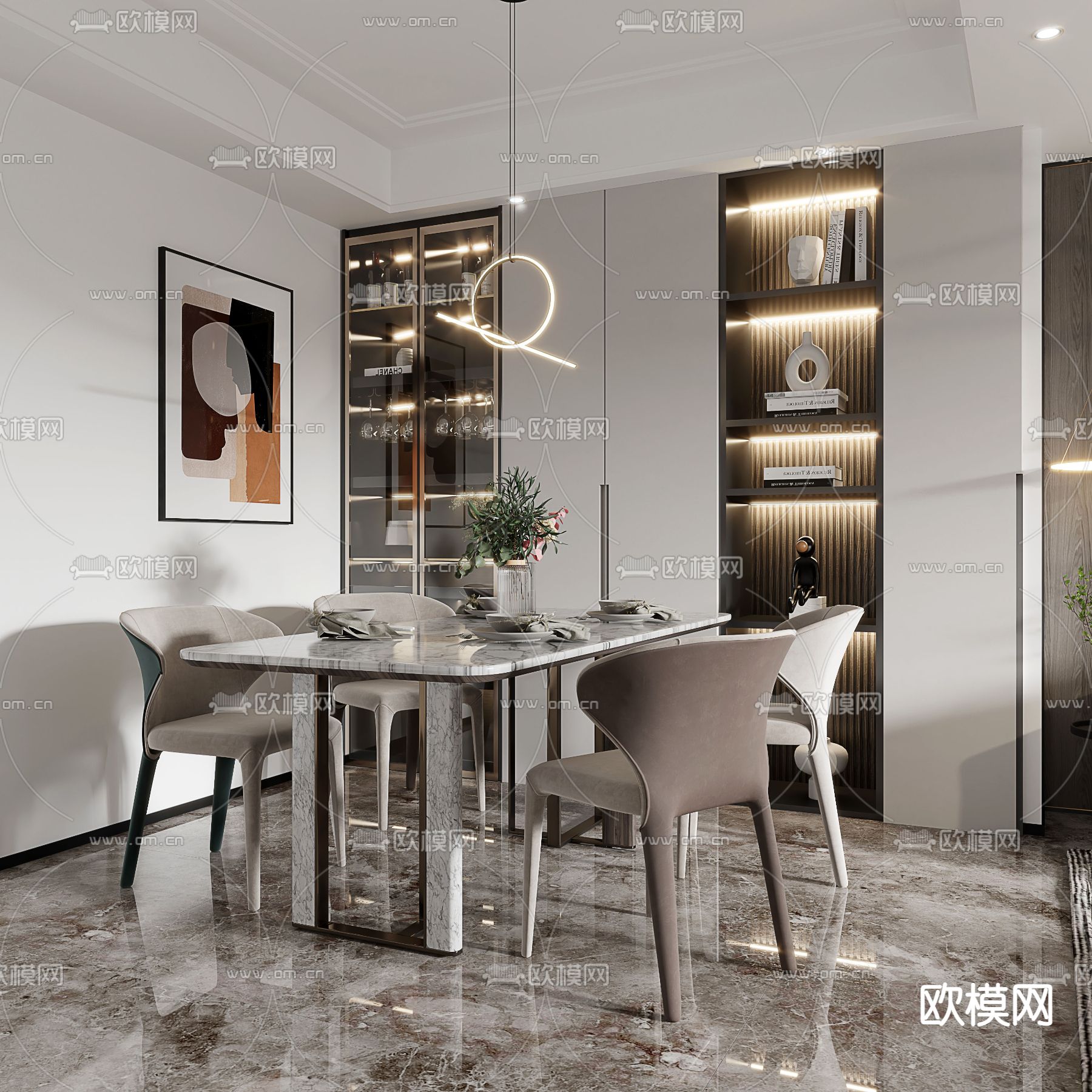 现代轻奢客餐厅3d模型下载（渲染图2）