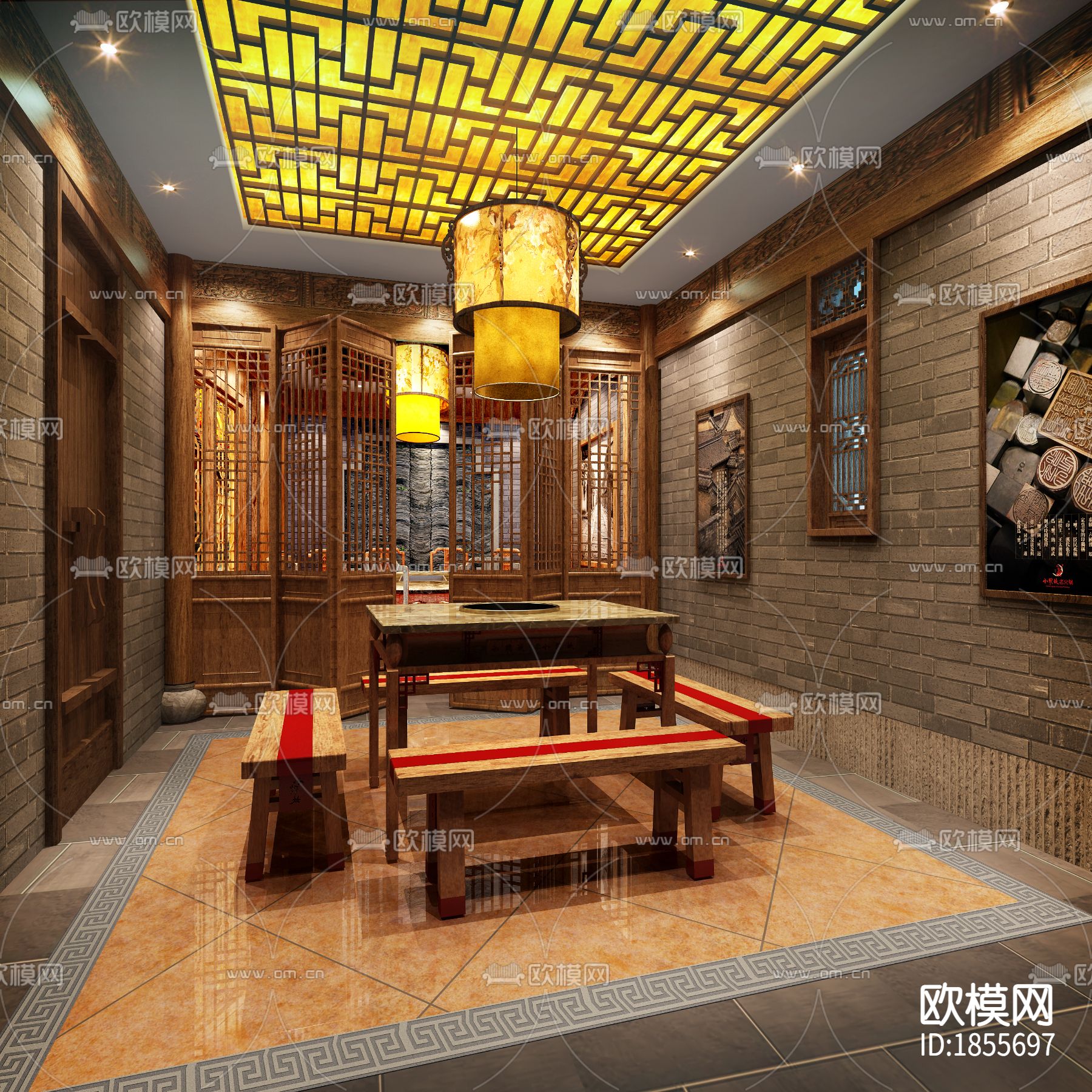 【连锁火锅店】效果图+施工图+报价书+现场照片下载（渲染图1）