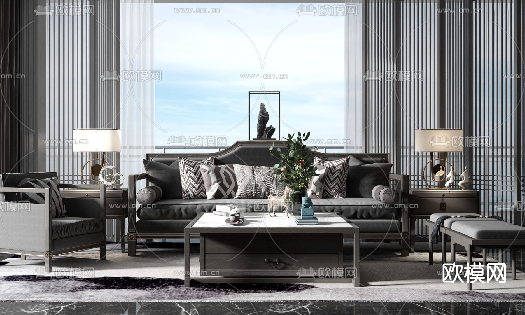 新中式轻奢多人沙发su模型下载