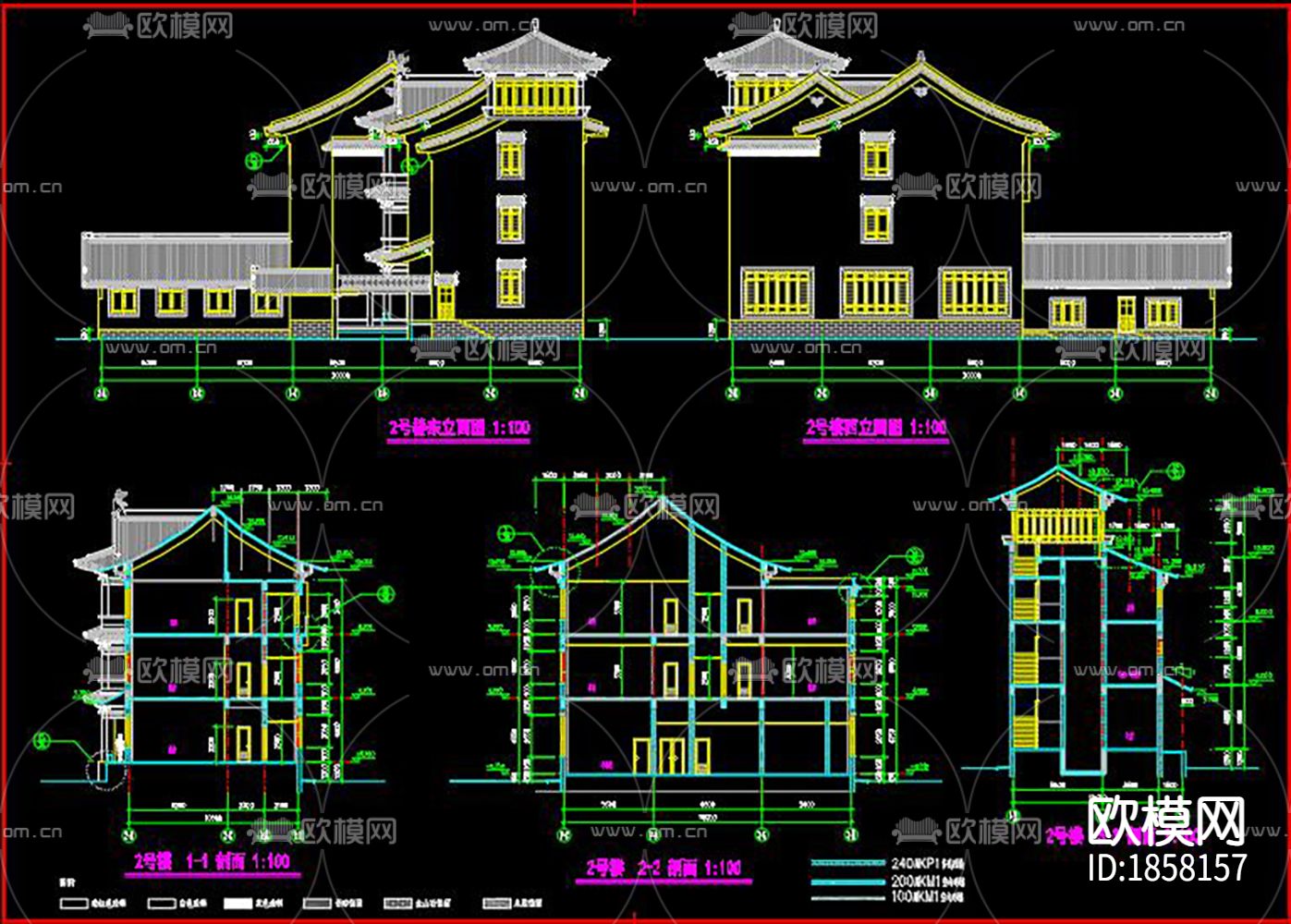 古建筑cad立面图下载（渲染图1）