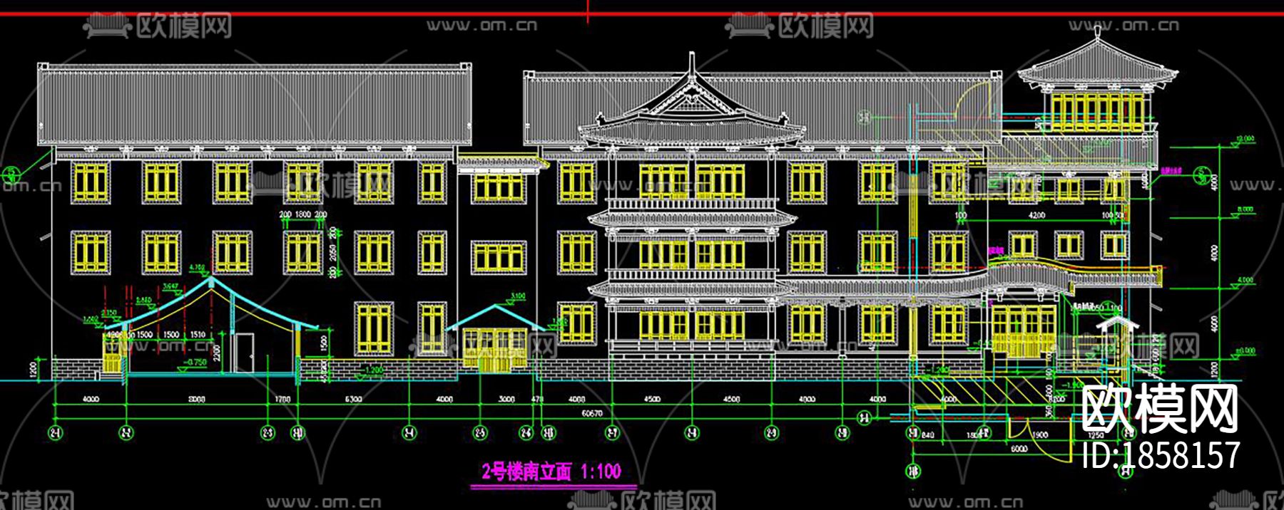 古建筑cad立面图下载（渲染图3）