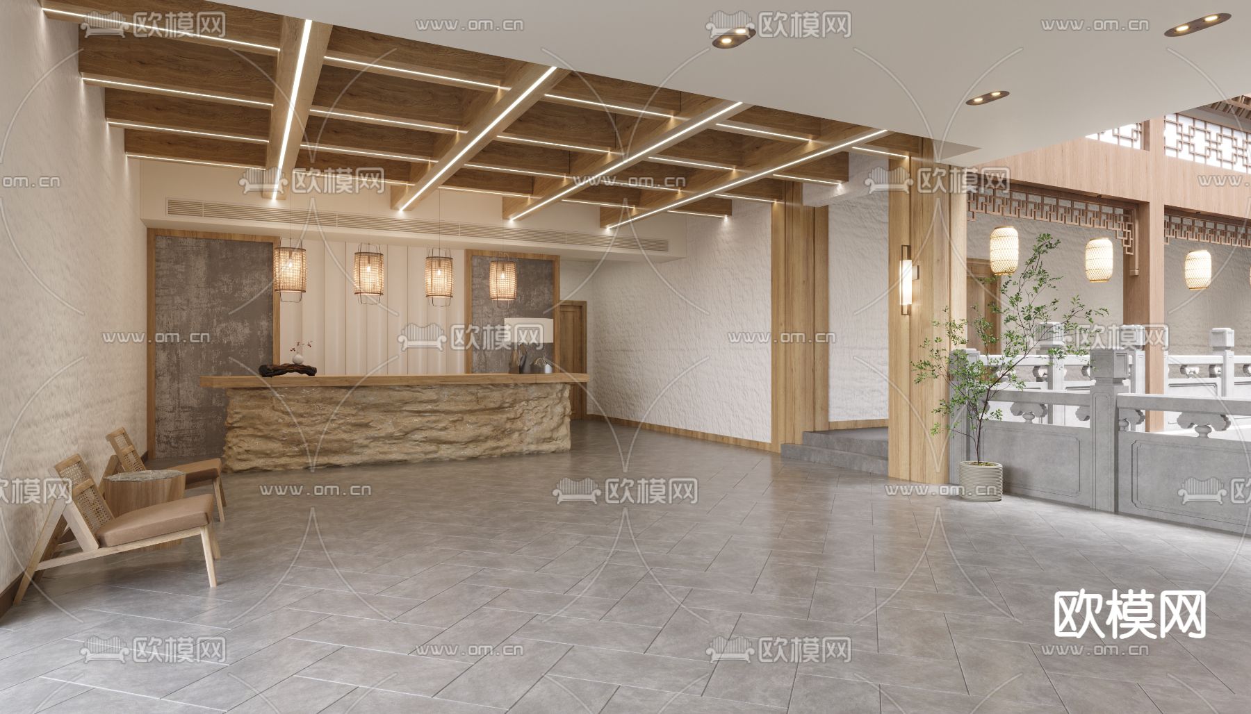 新中式民宿会所大厅3d模型下载（渲染图3）