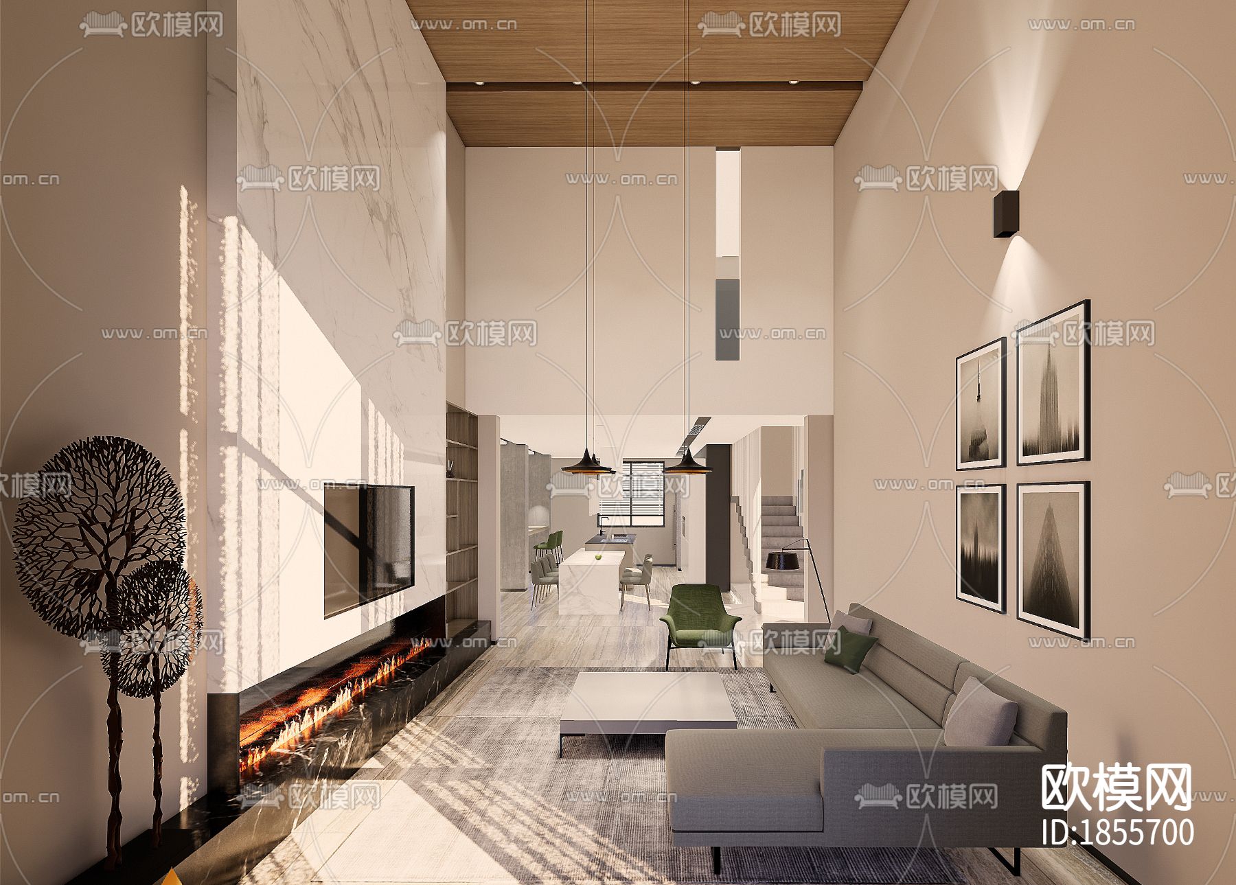 现代风格独栋别墅效果图CAD施工图下载（渲染图1）