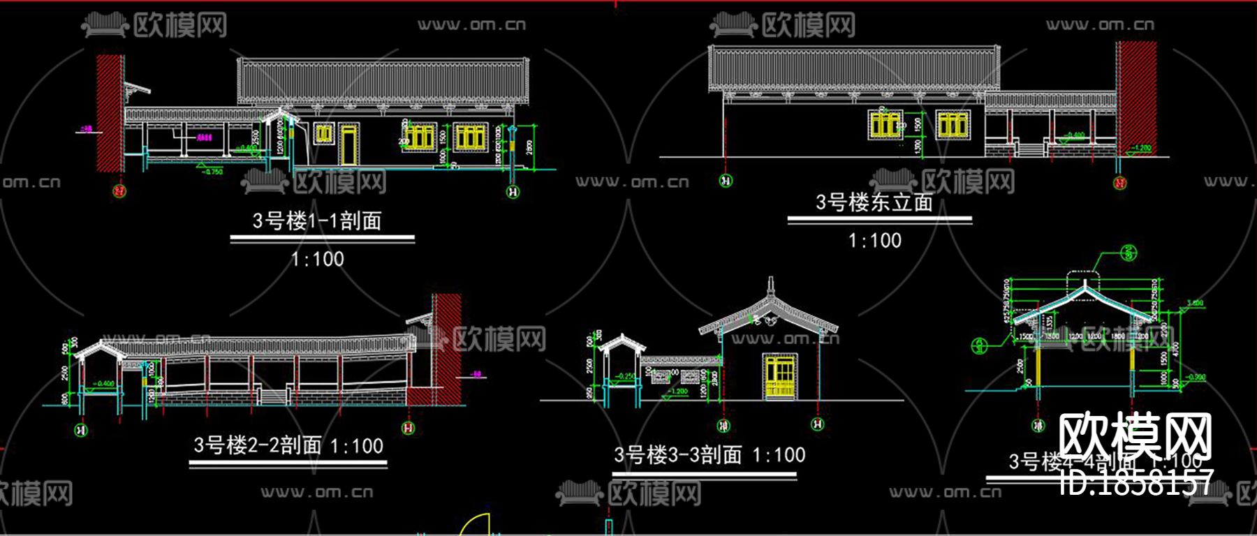 古建筑cad立面图下载（渲染图6）