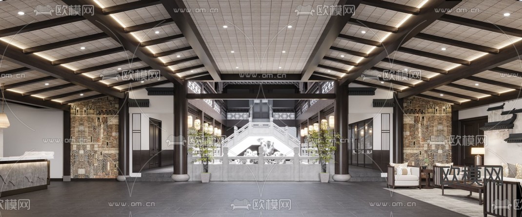 新中式民宿大厅3d模型下载_ID11706222_3dmax免费模型-欧模网
