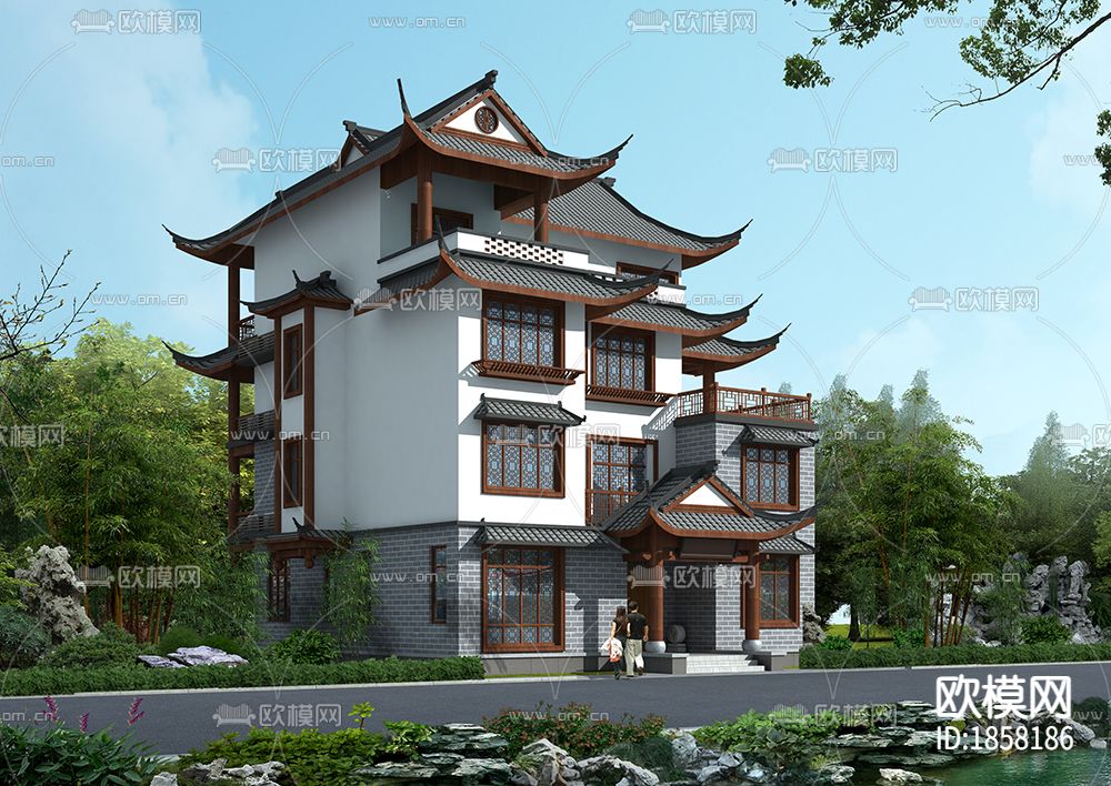 中式别墅cad施工图下载（渲染图10）