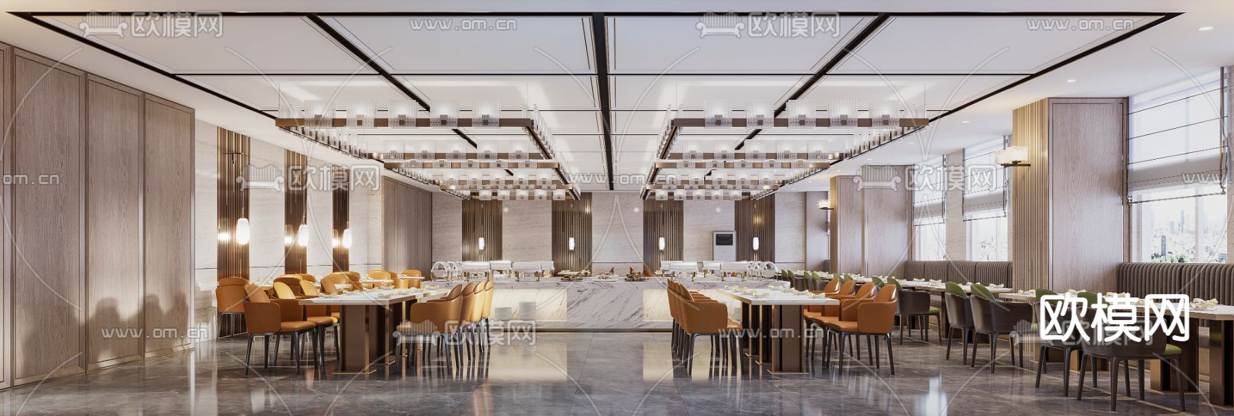 现代轻奢自助餐厅3d模型下载（渲染图1）