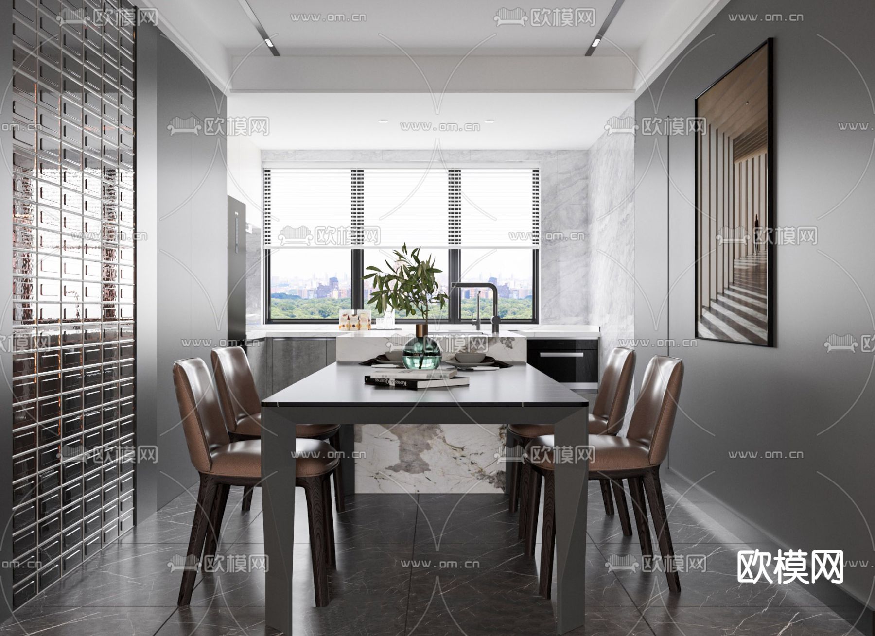 现代高级灰客餐厅3d模型下载（渲染图3）