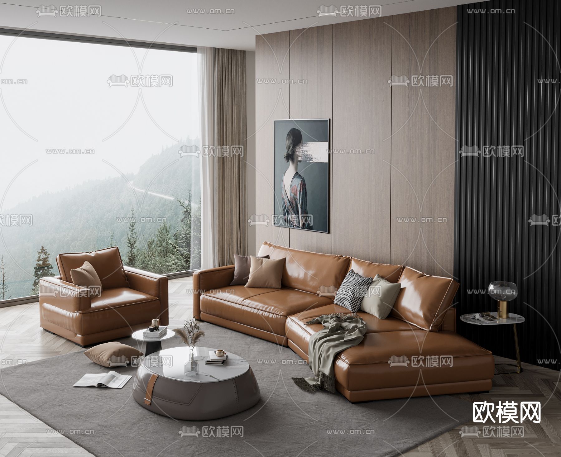 现代皮革沙发组合3d模型下载_ID11709991_3dmax免费模型-欧模网