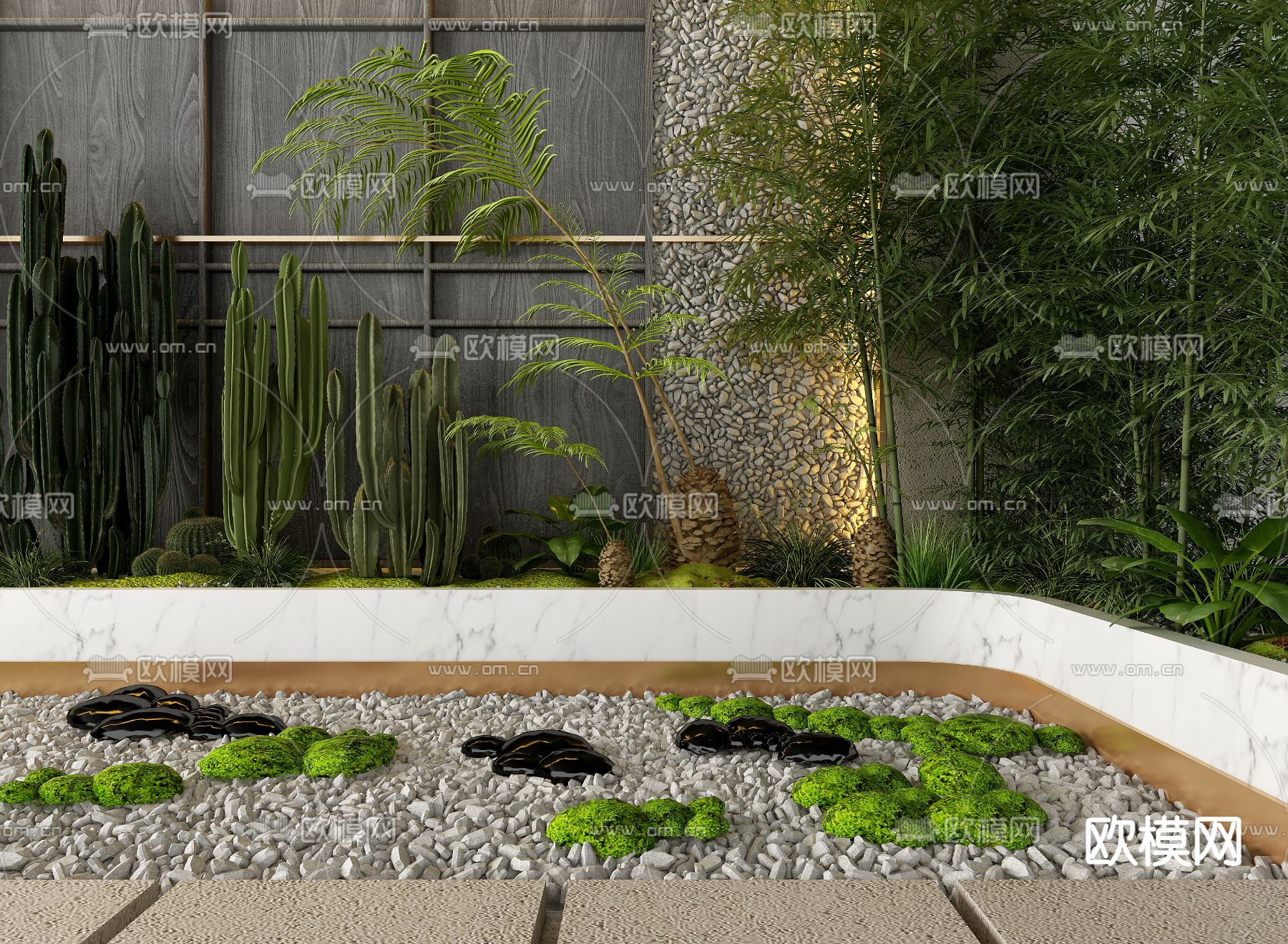 现代仙人掌苔藓石子园艺小品3d模型下载（渲染图2）