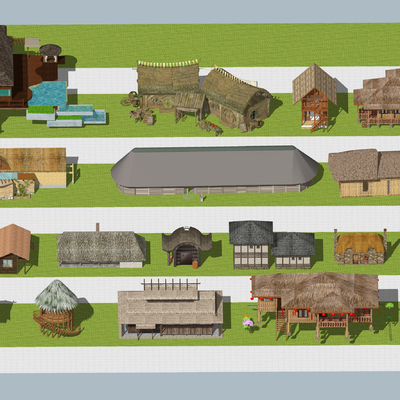  中式茅草屋su模型 