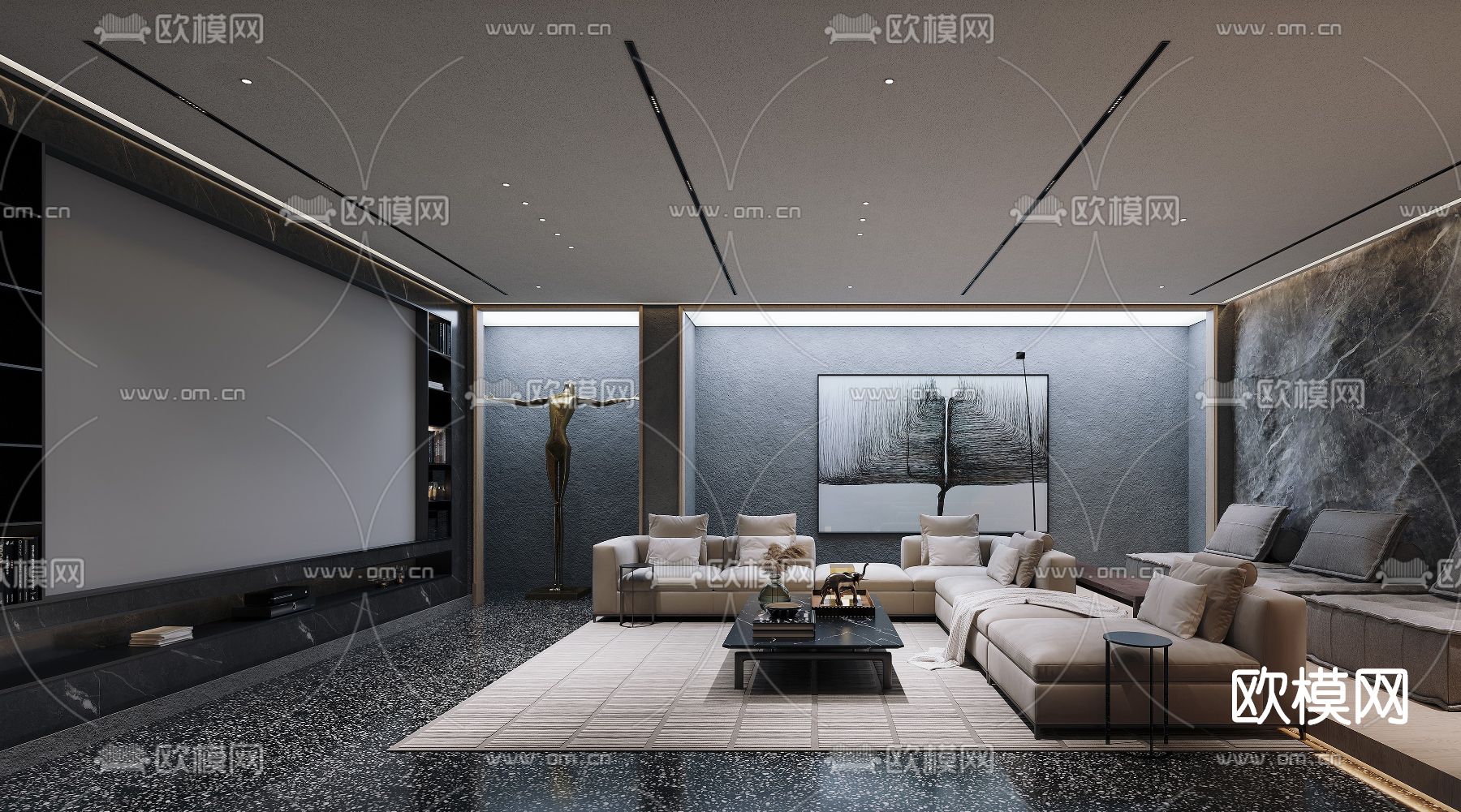 现代视听室影音室3d模型下载（渲染图1）