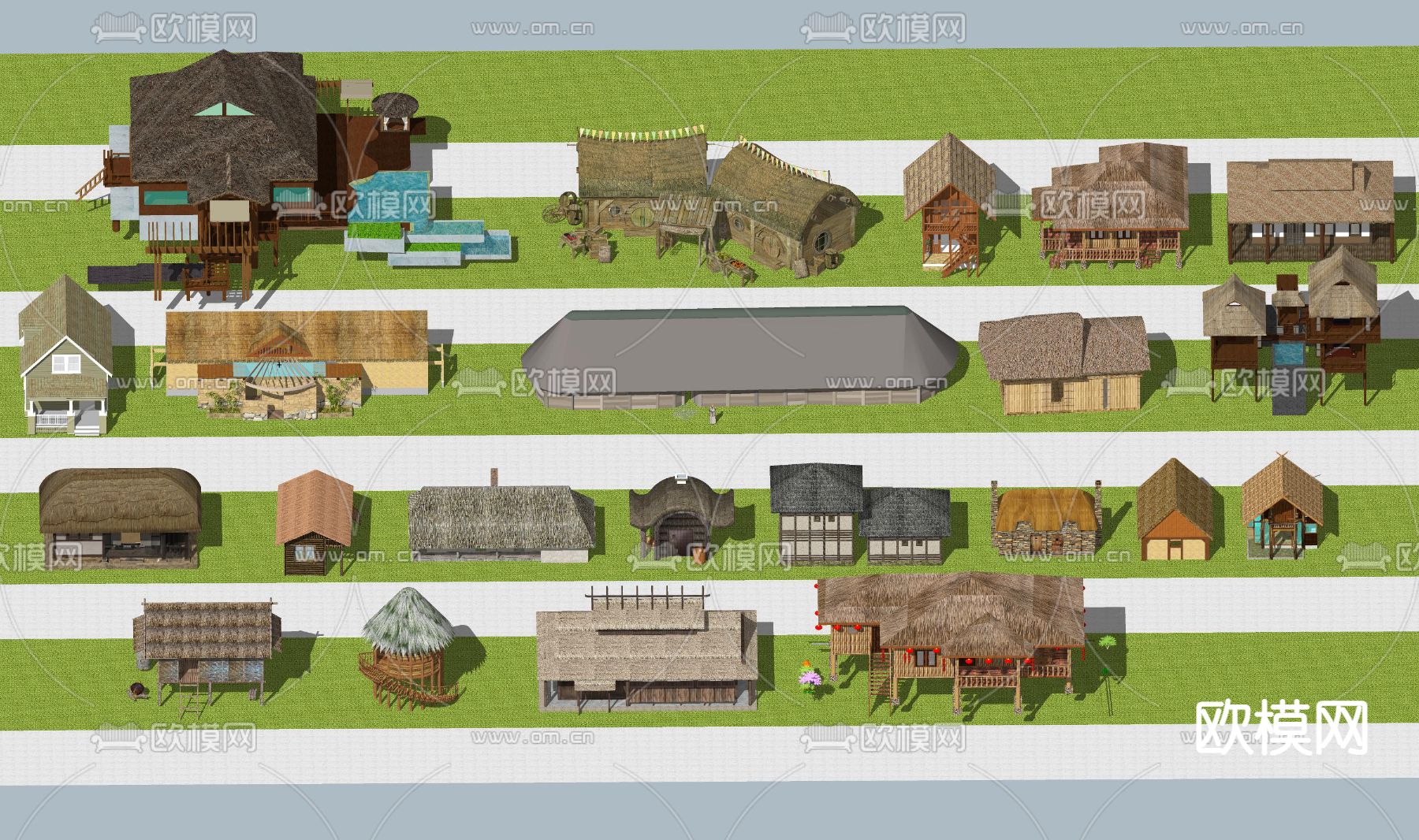 中式茅草屋su模型下载