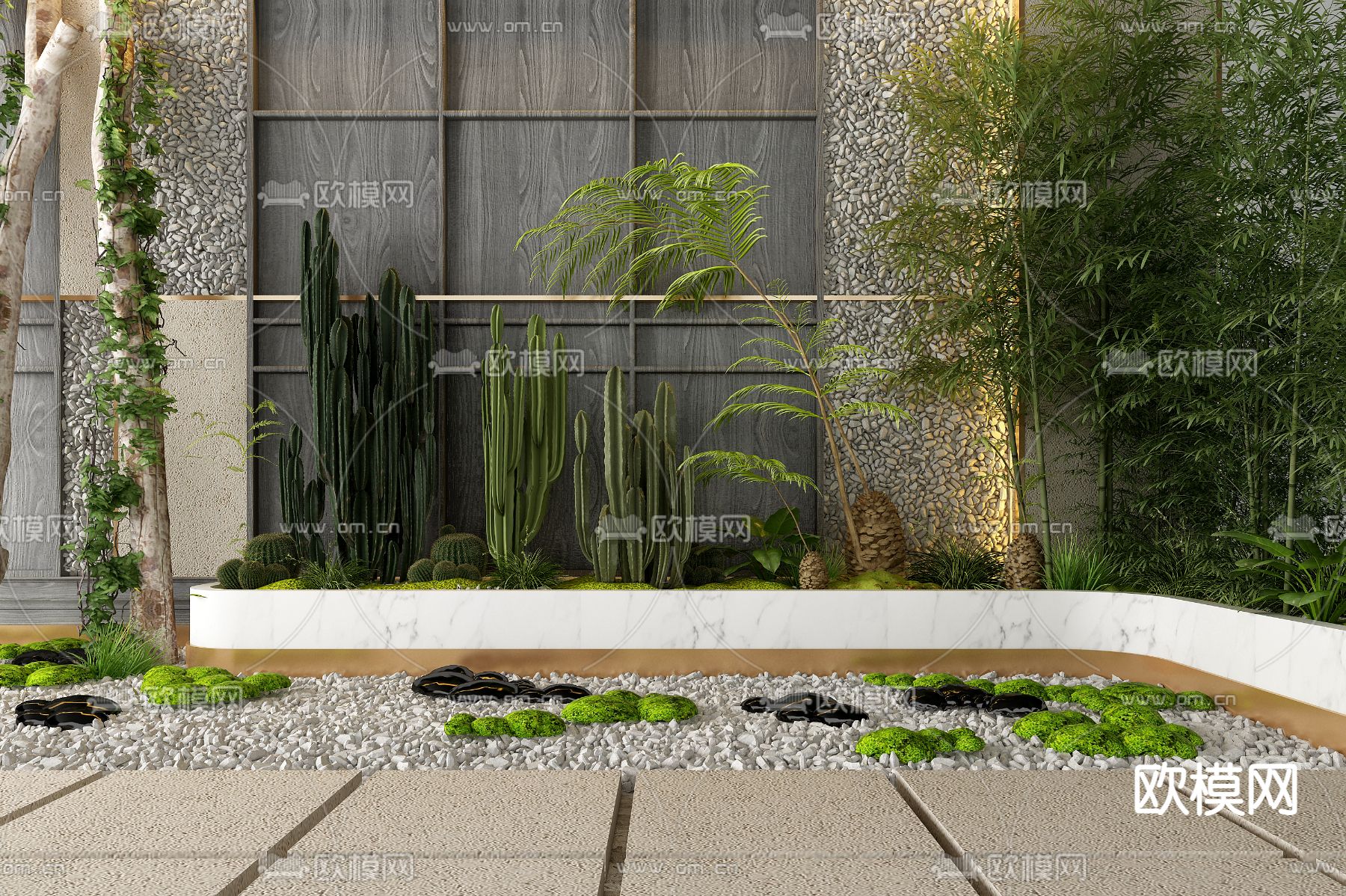 现代仙人掌苔藓石子园艺小品3d模型下载（渲染图1）