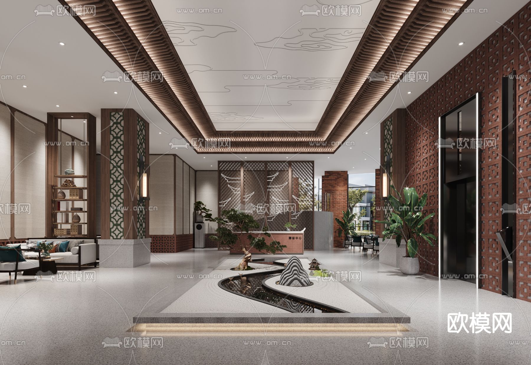 新中式旅游会所大厅3d模型下载_ID11707819_3dmax免费模型-欧模网