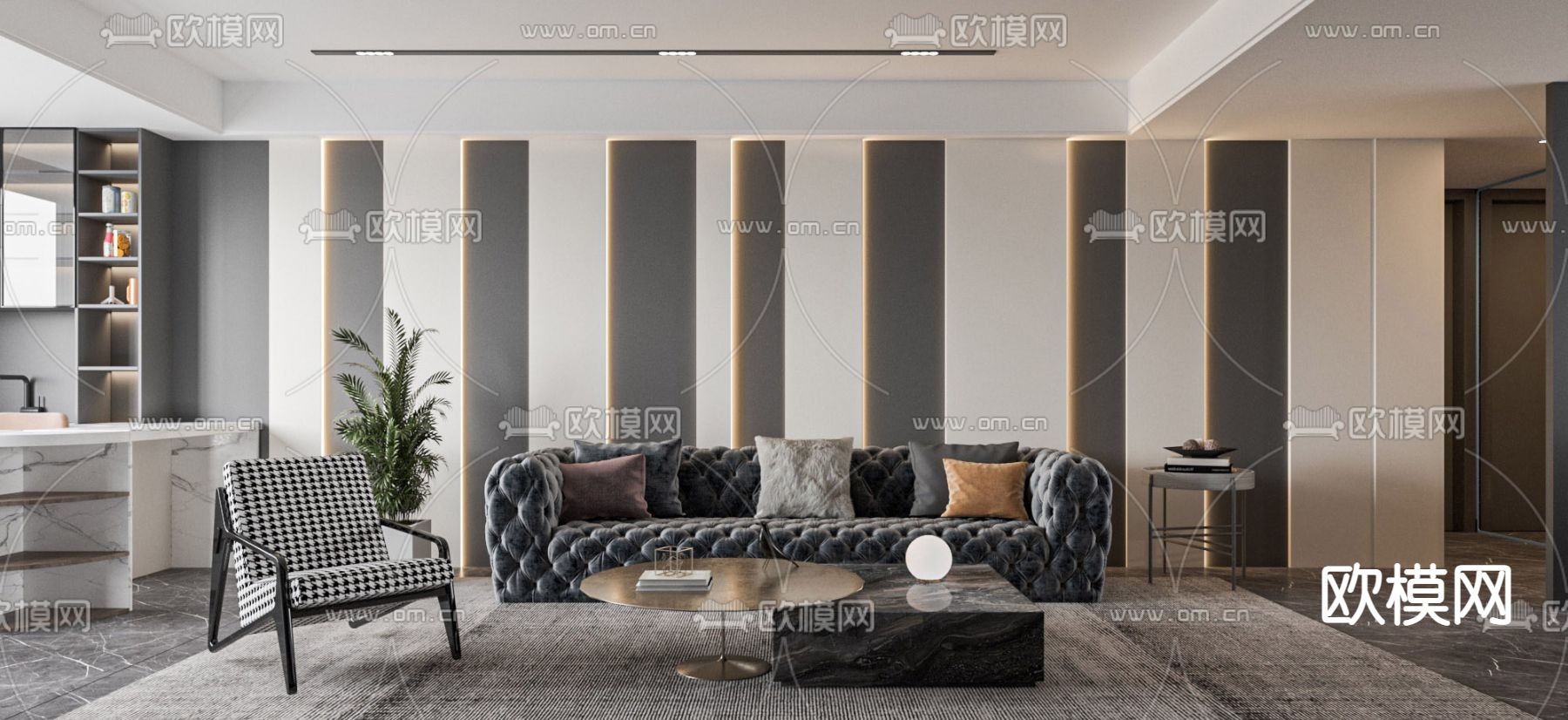 现代高级灰客餐厅3d模型下载（渲染图2）