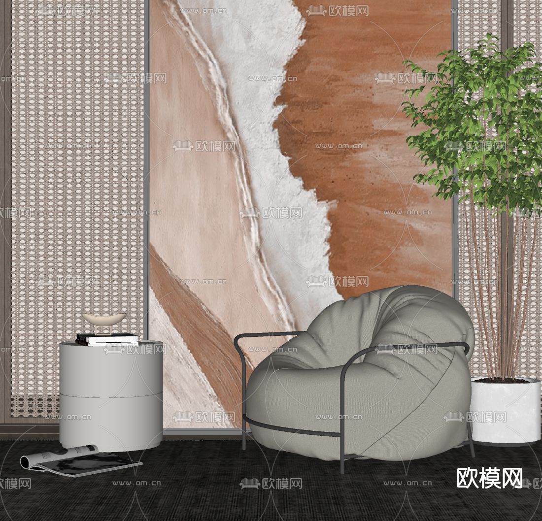 现代布艺休闲沙发su模型下载（渲染图2）