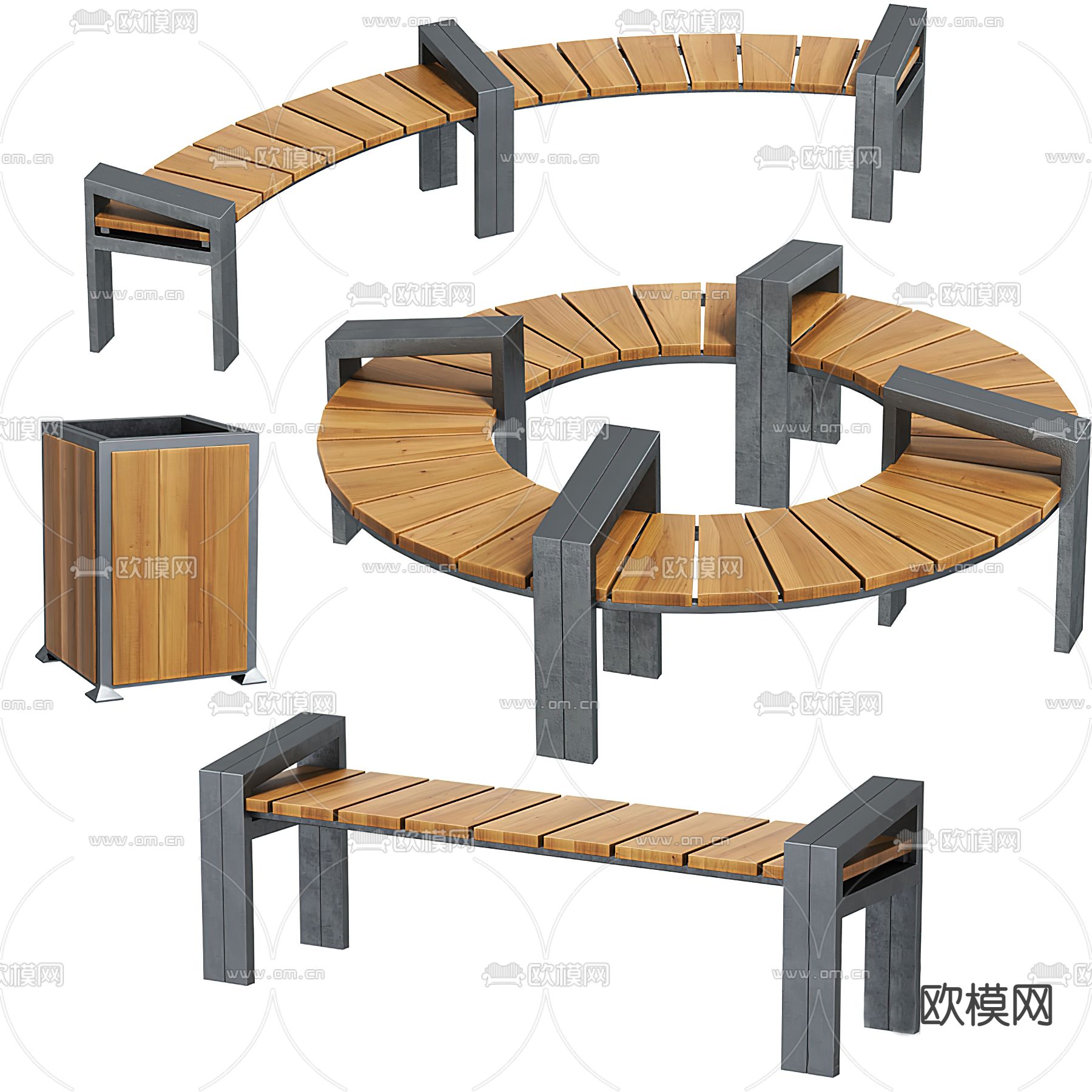 现代实木户外公用椅3d模型下载