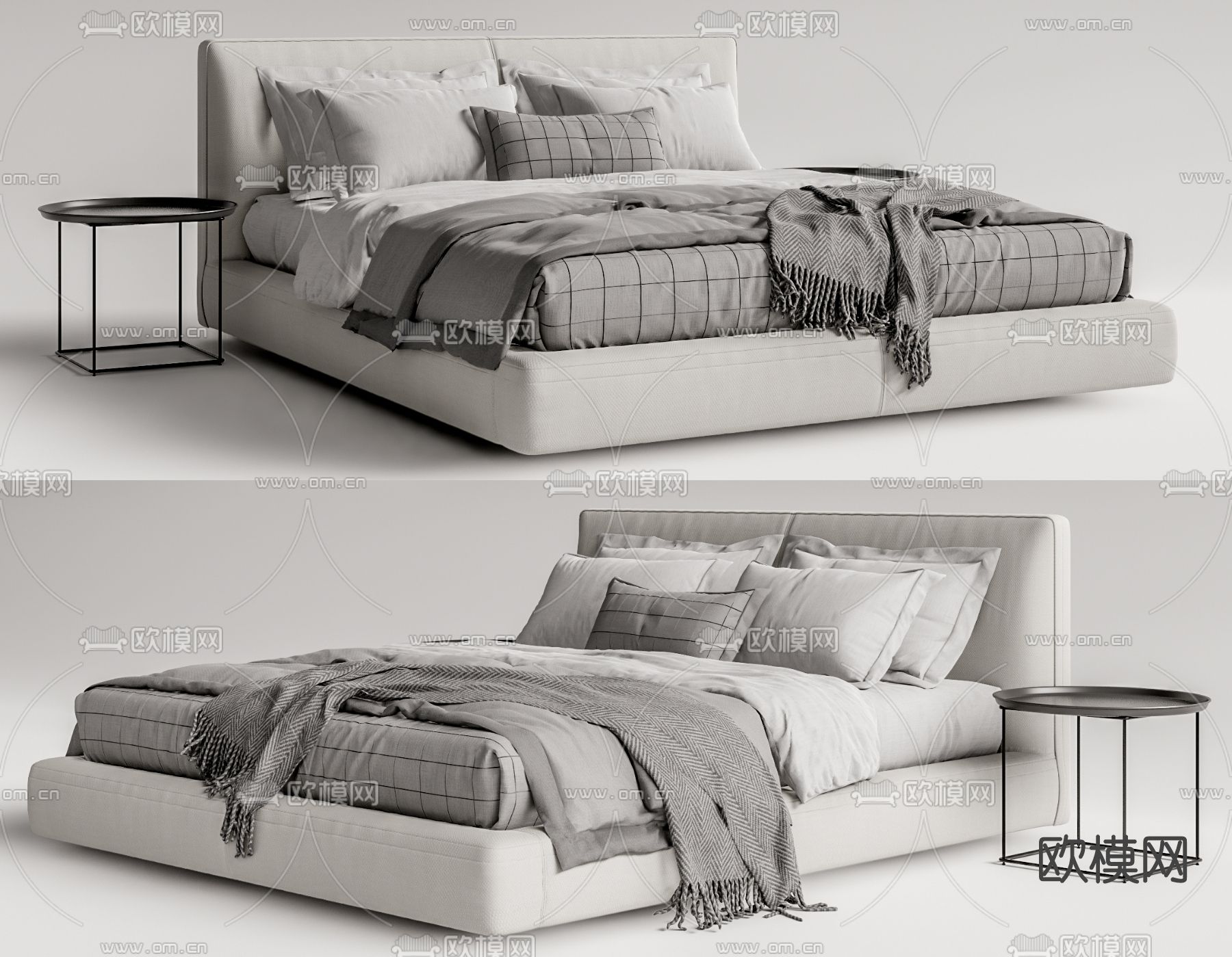 现代布艺双人床su模型下载（渲染图1）