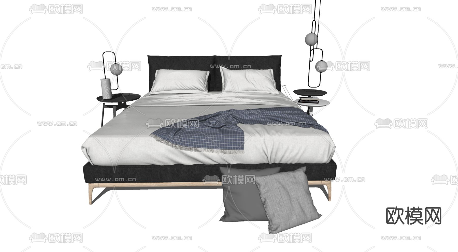 现代布艺双人床su模型下载（渲染图3）