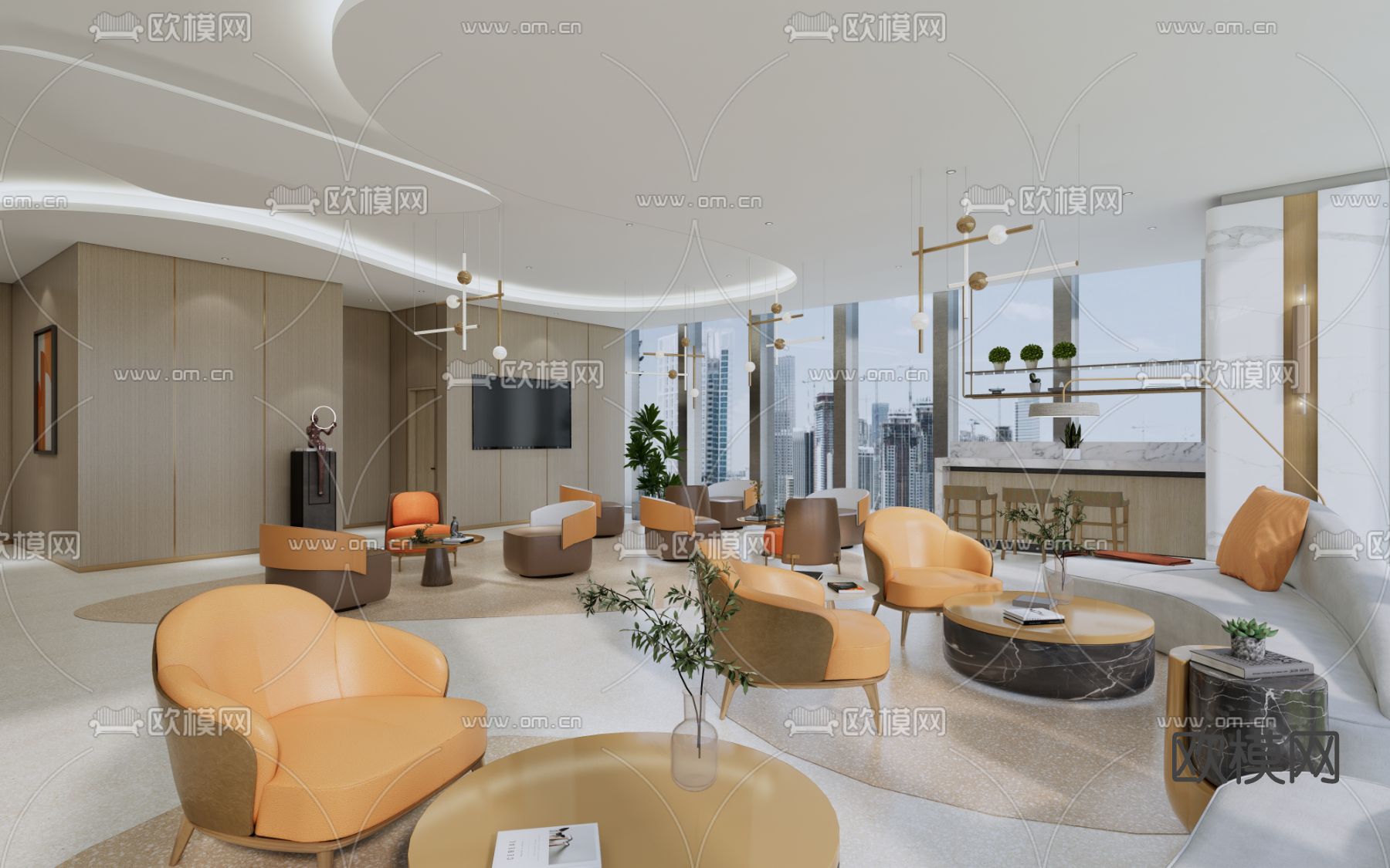 现代酒店会客厅su模型下载（渲染图1）