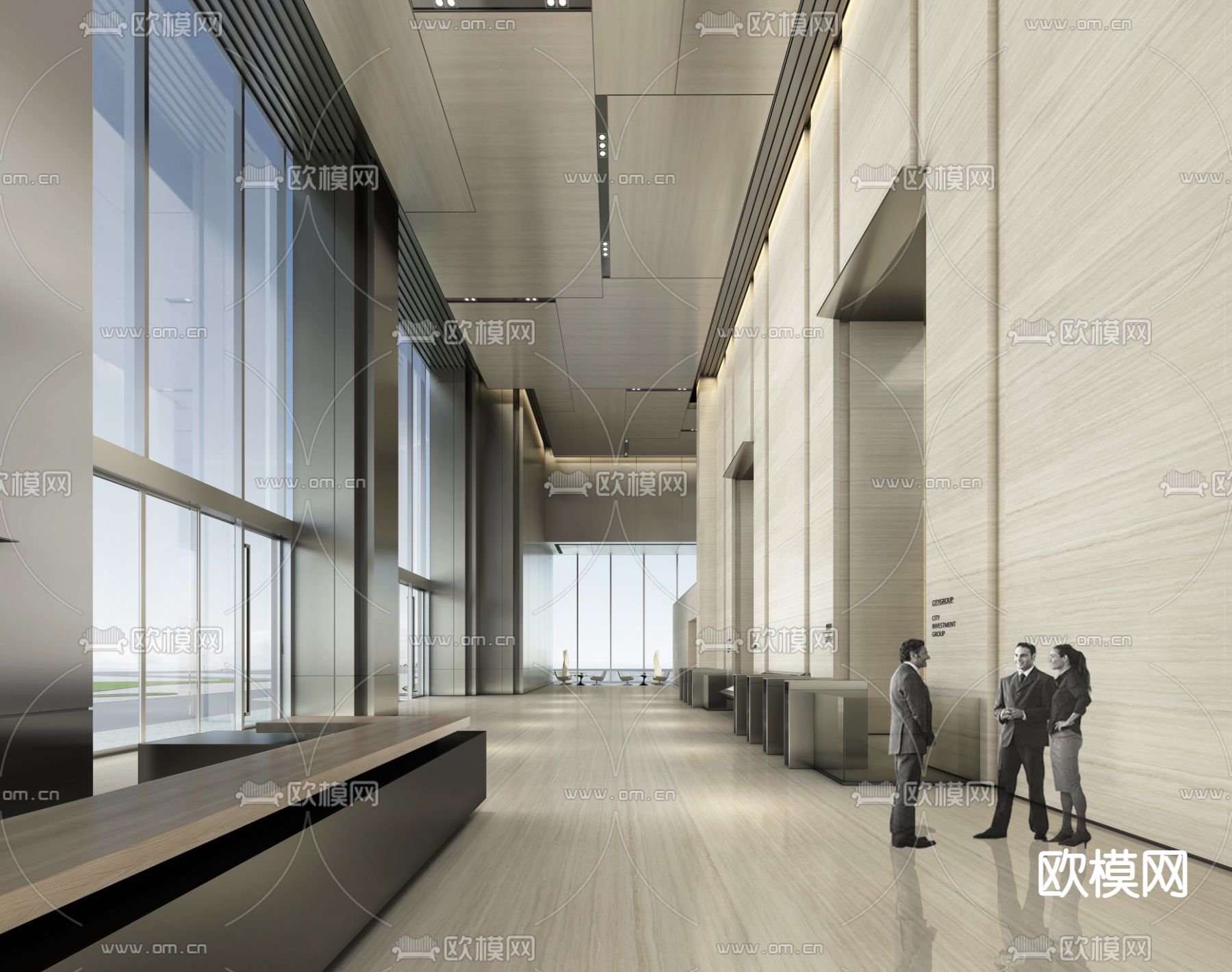 现代办公楼大堂3d模型下载（渲染图2）
