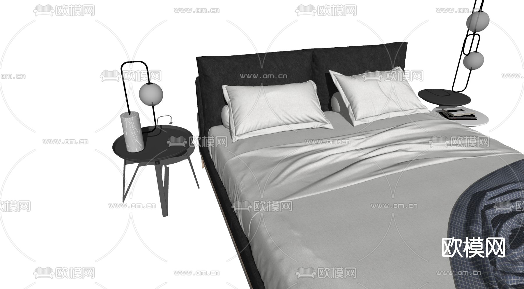 现代布艺双人床su模型下载（渲染图2）