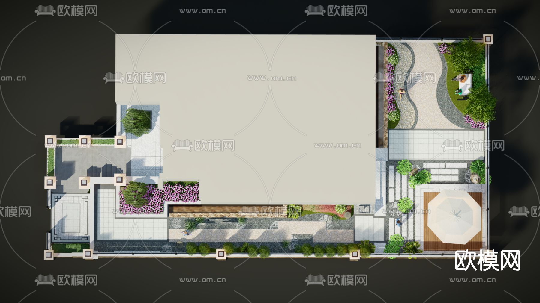 新中式庭院花园su模型下载（渲染图2）