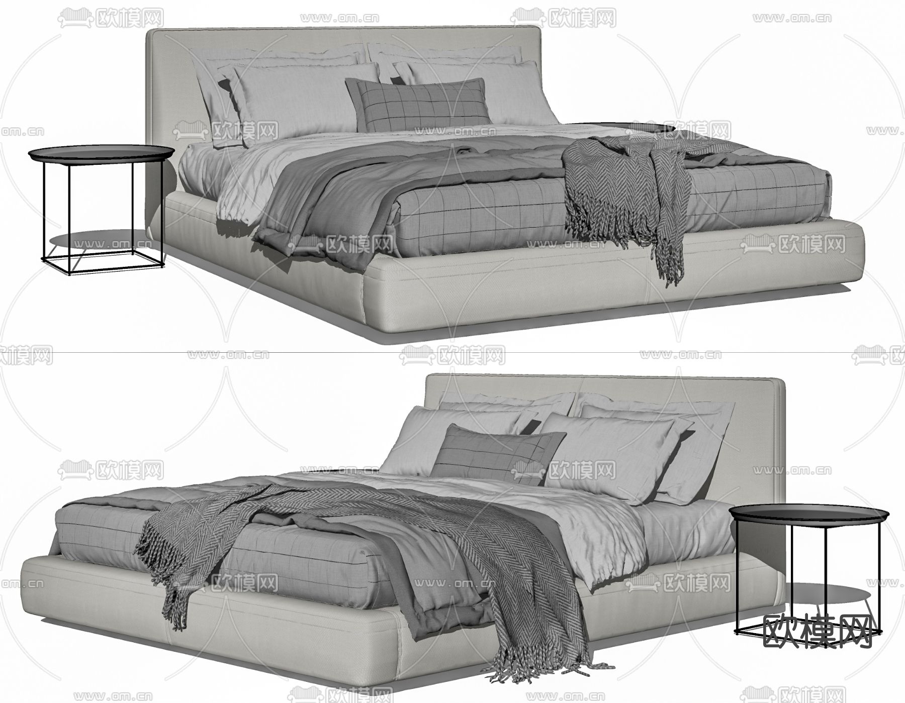 现代布艺双人床su模型下载（渲染图2）