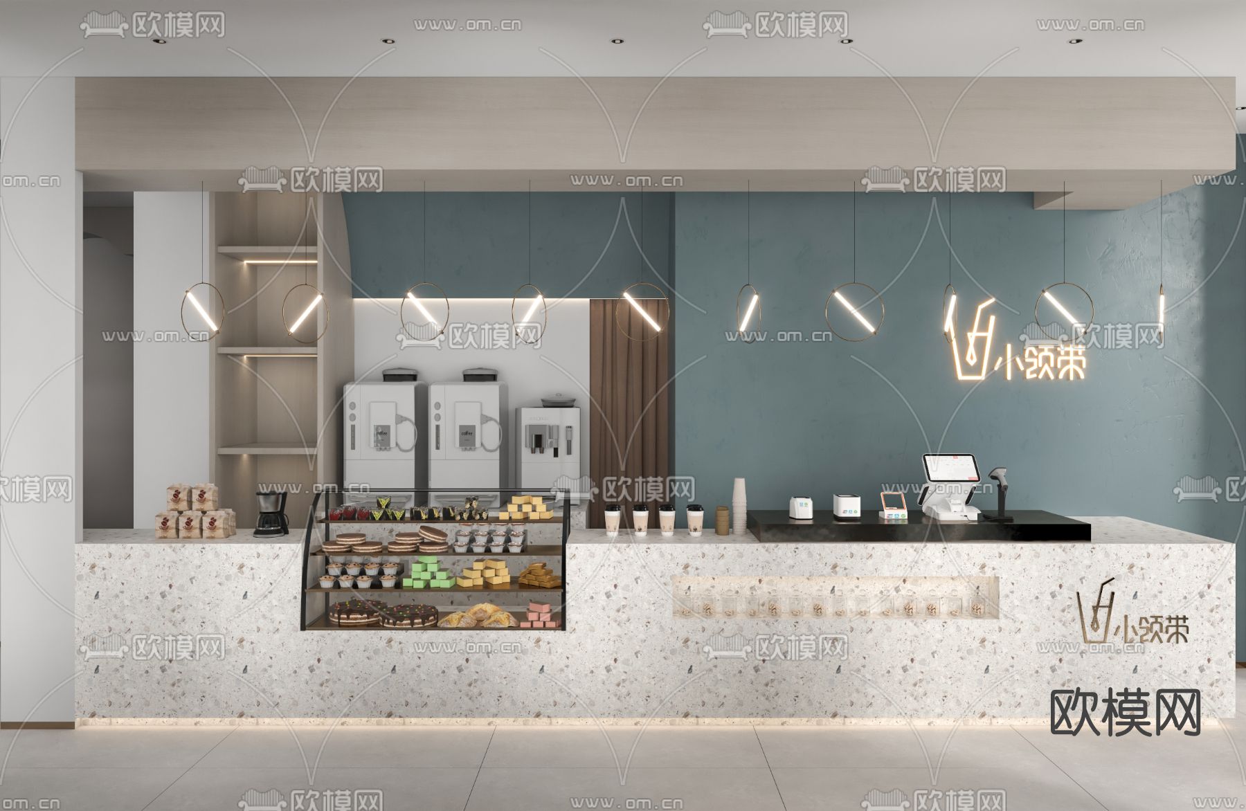 现代奶茶店操作台su模型下载（渲染图1）