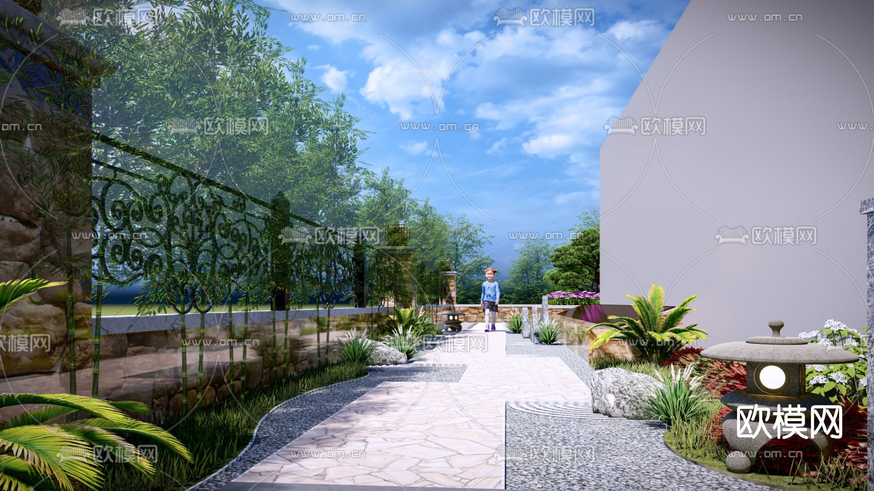 新中式庭院花园su模型下载（渲染图3）