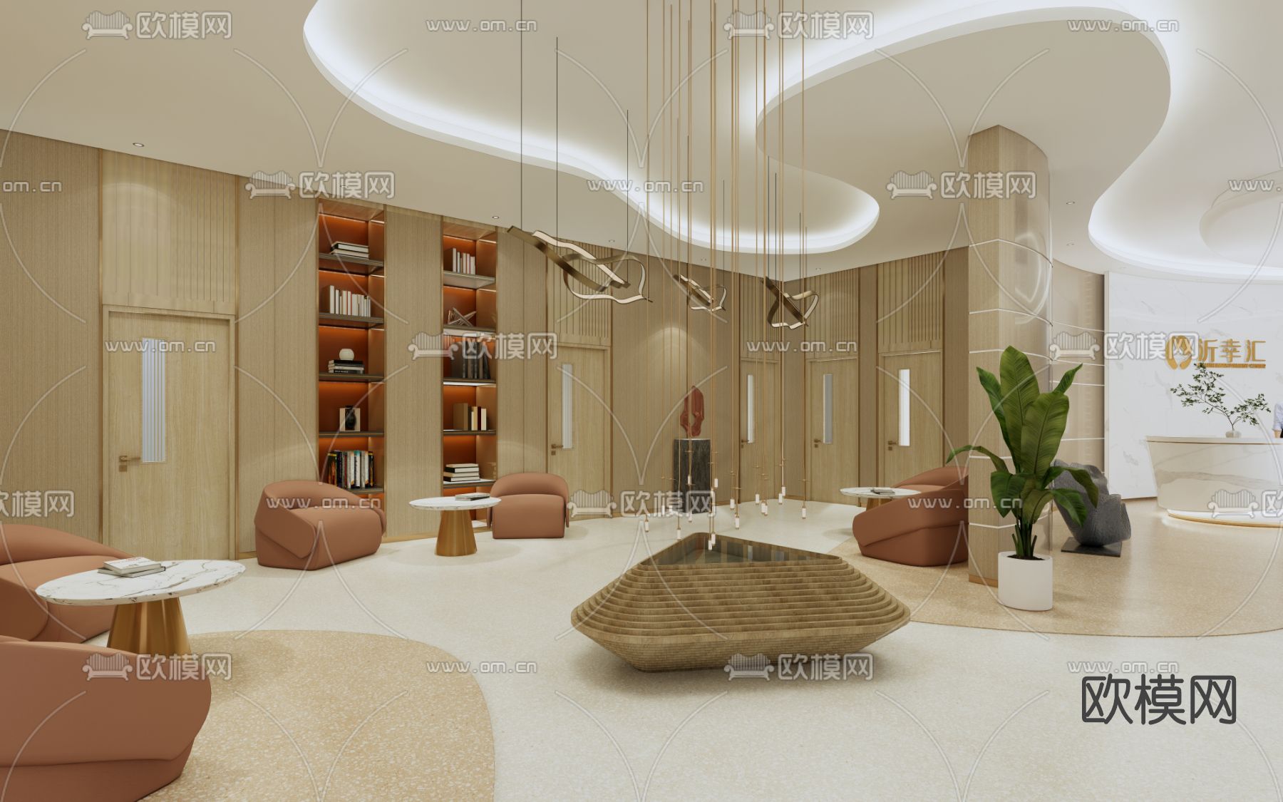 现代酒店会客厅su模型下载（渲染图2）