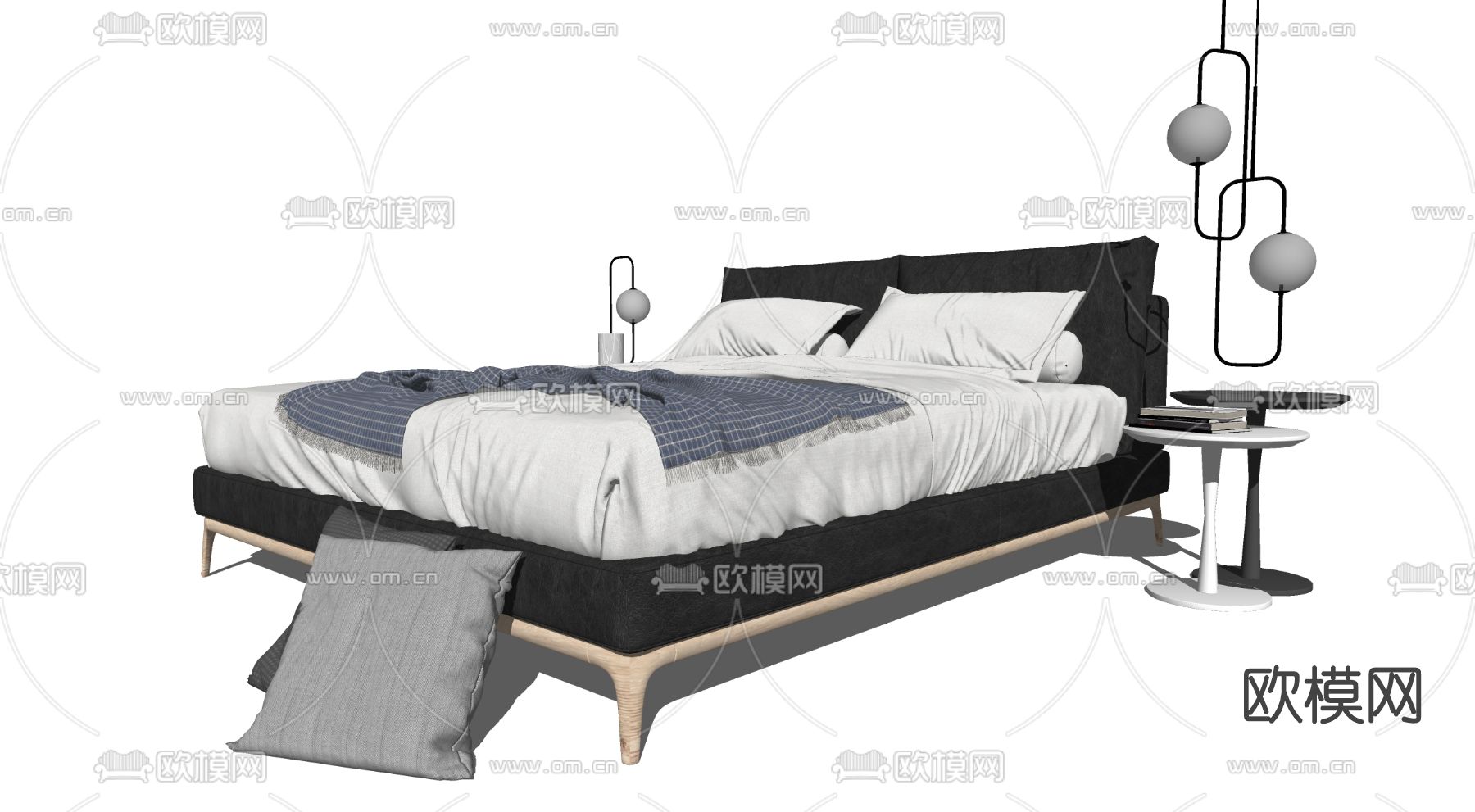 现代布艺双人床su模型下载（渲染图1）