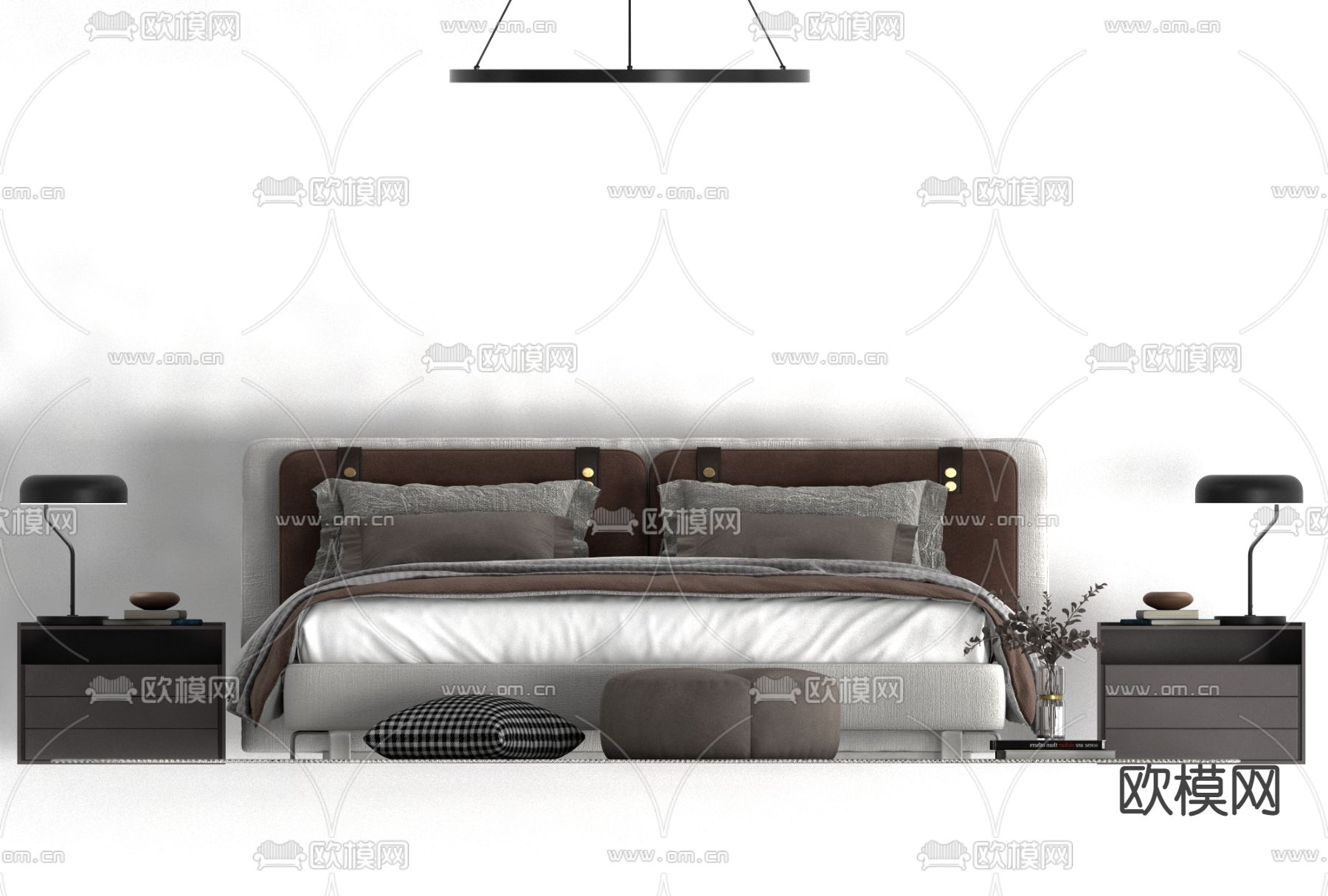 现代布艺双人床免费3d模型下载