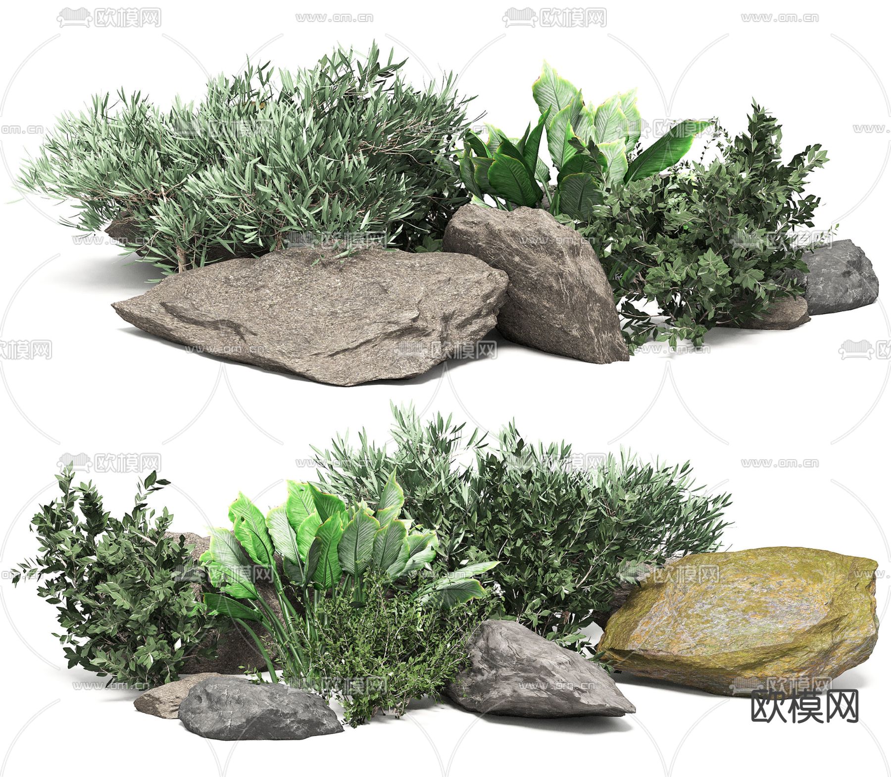 现代石头植物小品3d模型下载（渲染图1）